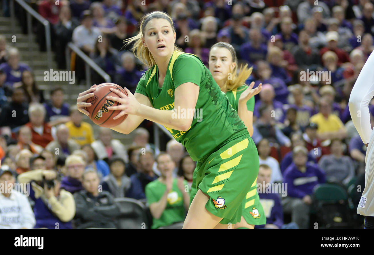 March 3, 2017: Oregon center Mallory McGuire (44) in action during a PAC12 women's tournament game between the Washington Huskies and the Oregon Ducks. The game was played at Key Arena in Seattle, WA. Jeff Halstead / CSM Stock Photo