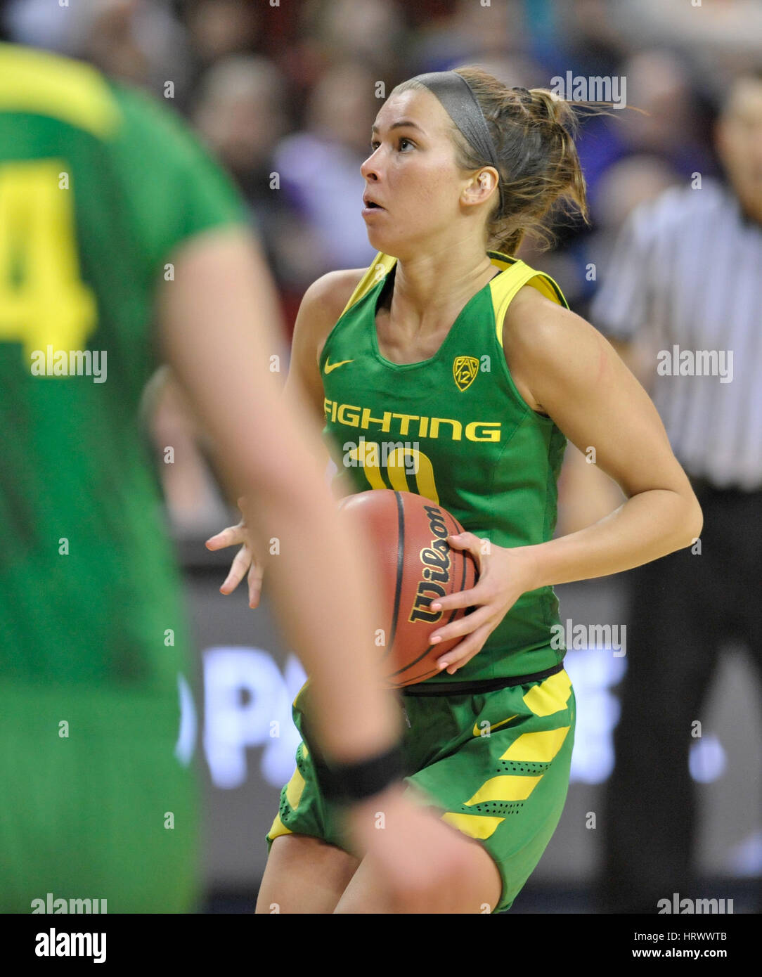 March 3, 2017: Oregon guard Lexi Bando (10) in action during a PAC12 women's tournament game between the Washington Huskies and the Oregon Ducks. The game was played at Key Arena in Seattle, WA. Jeff Halstead / CSM Stock Photo