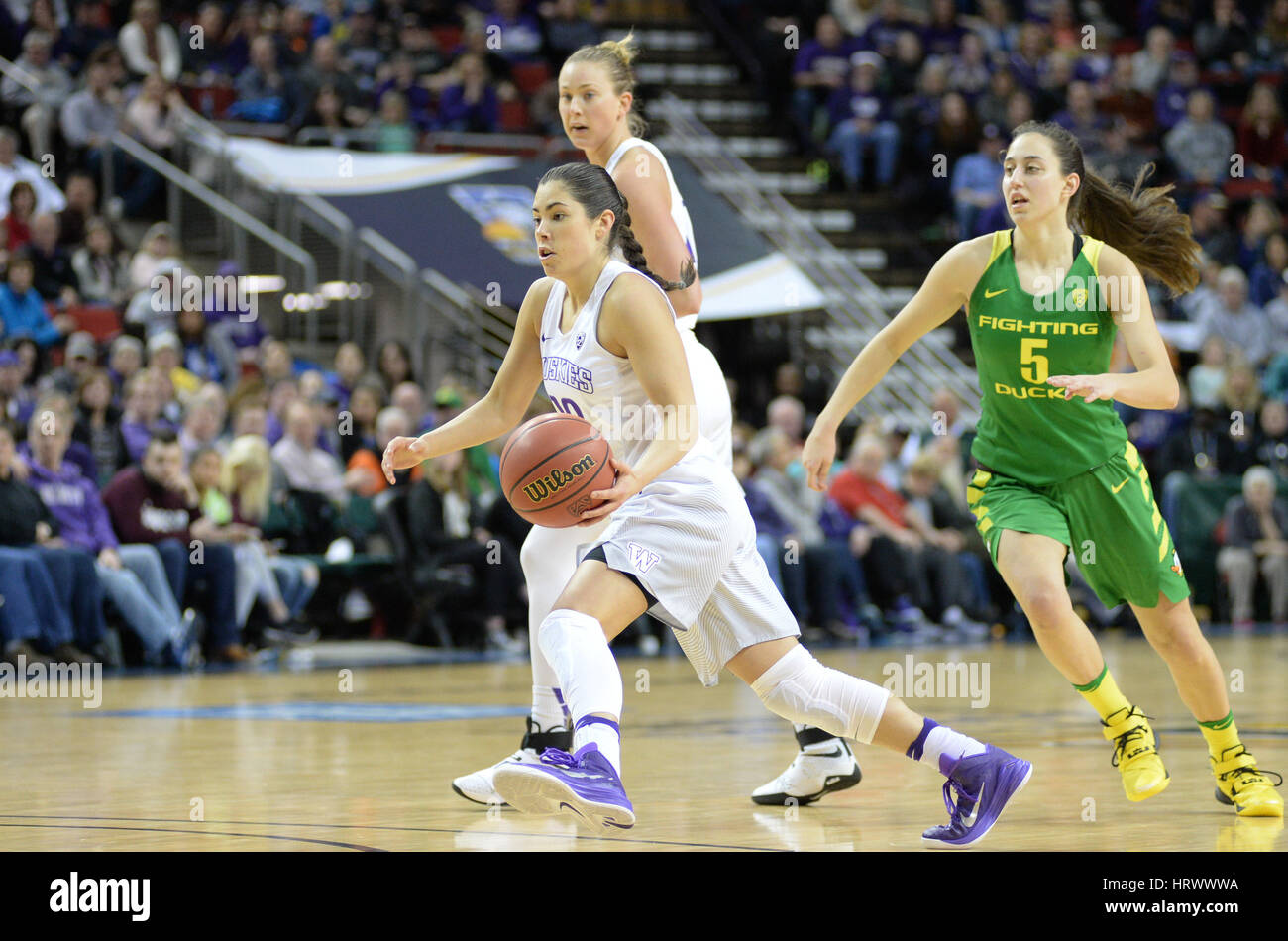 March 3, 2017: UW point guard Kelsey Plum (10) drives to the hoop during a PAC12 women's tournament game between the Washington Huskies and the Oregon Ducks. The game was played at Key Arena in Seattle, WA. Jeff Halstead / CSM Stock Photo