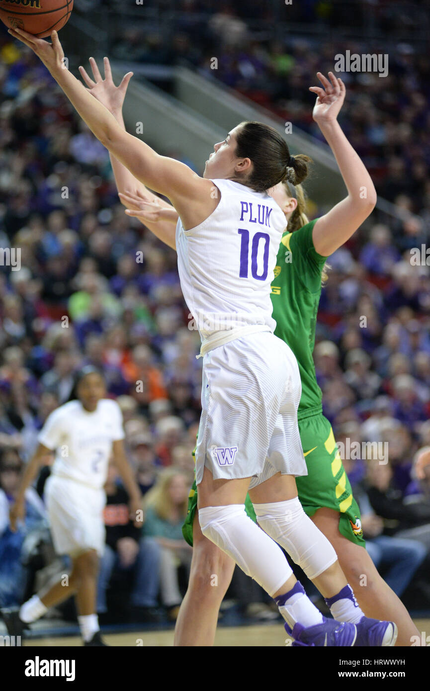March 3, 2017: Washington's Kelsey Plum (10) gets a layin against Oregon's Mallory McGwire (44) during a PAC12 women's tournament game between the Washington Huskies and the Oregon Ducks. The game was played at Key Arena in Seattle, WA. Jeff Halstead / CSM Stock Photo