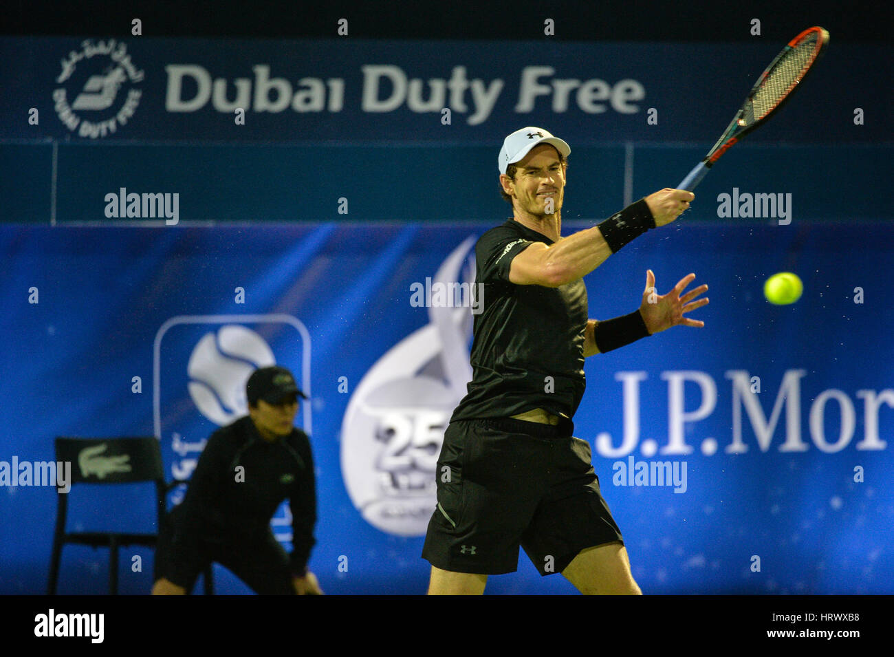 Dubai, UAE. 4th March, 2017. Dubai, UAE. 4th Mar, 2017. Britain’s Andy Murray on his way to victory against Spaniard Fernando Verdasco 6-3 6-2 at the Dubai Duty Free Tennis Championships. This is Murray’s first victory at the tournament having previously lost the final in 2012 Credit: Feroz Khan/Alamy Live News Stock Photo
