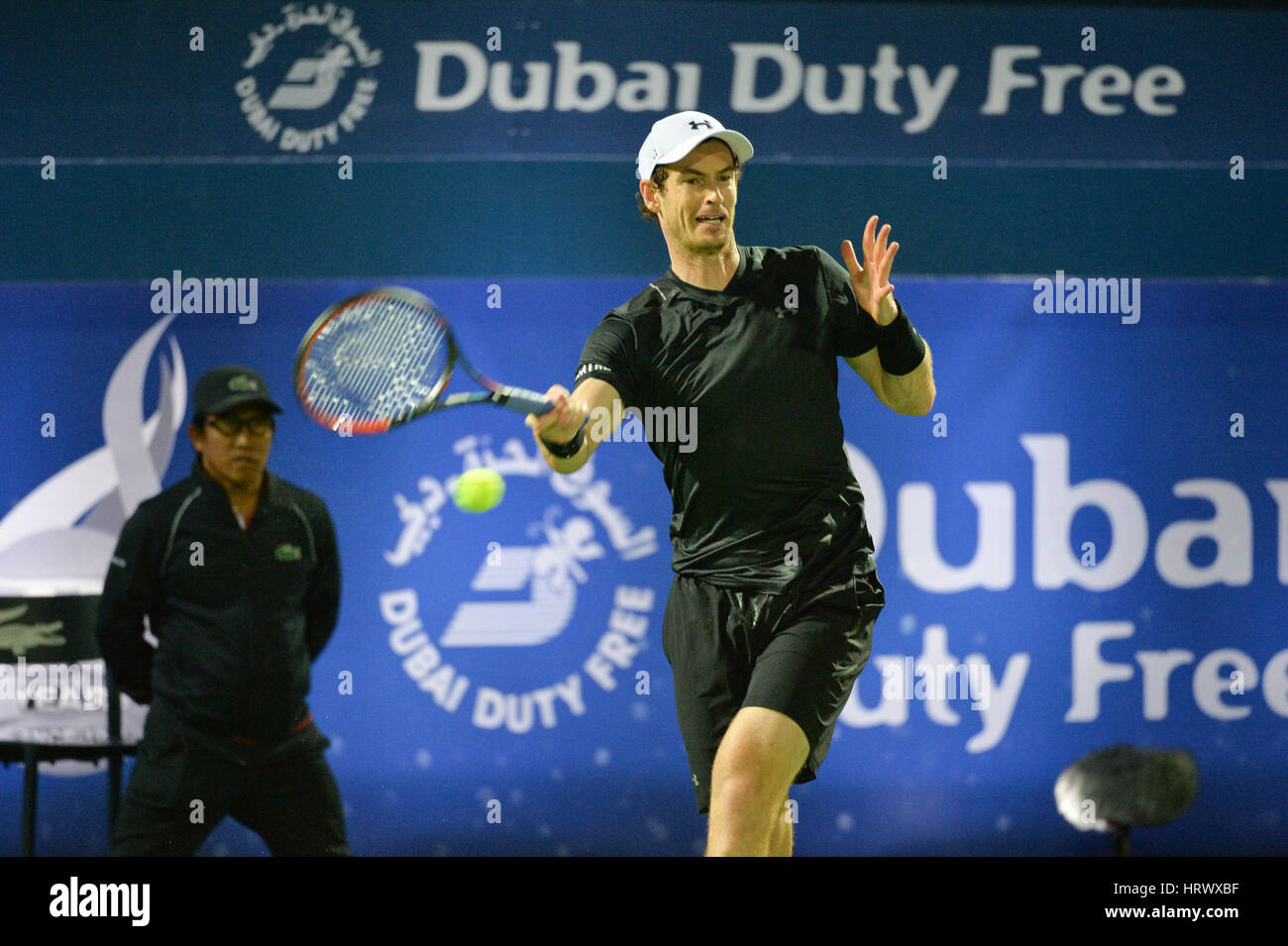 Dubai, UAE. 4th March, 2017. Dubai, UAE. 4th Mar, 2017. Britain’s Andy Murray on his way to victory against Spaniard Fernando Verdasco 6-3 6-2 at the Dubai Duty Free Tennis Championships final. This is Murray’s first victory at the tournament having previously lost the final in 2012 Credit: Feroz Khan/Alamy Live News Stock Photo