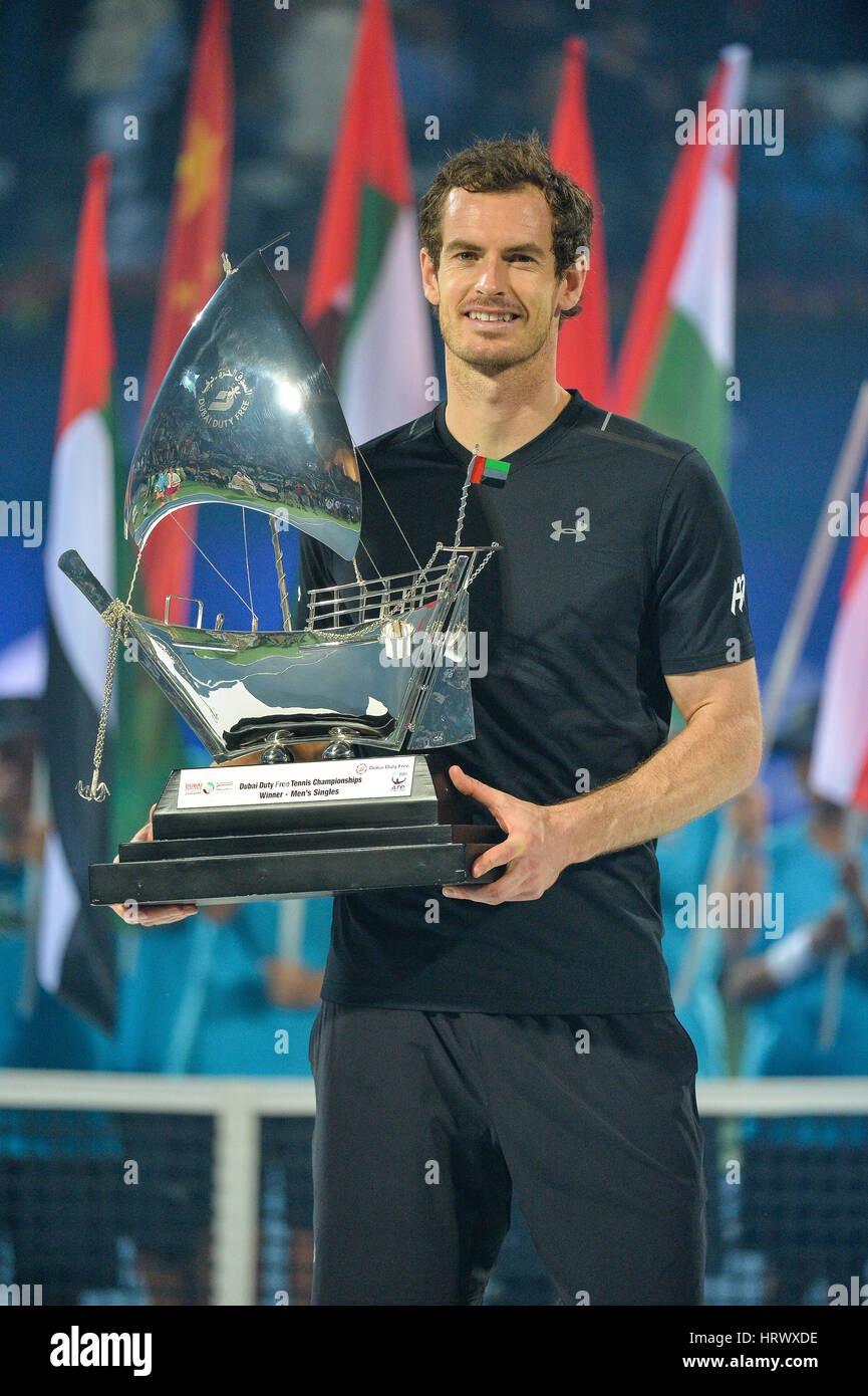 Dubai, UAE. 4th March, 2017. against Spaniard Fernando Verdasco 6-3 6-2 at the Dubai Duty Free Tennis Championships final. This is Murray’s first victory at the tournament having previously lost the final in 2012 Credit: Feroz Khan/Alamy Live News Stock Photo