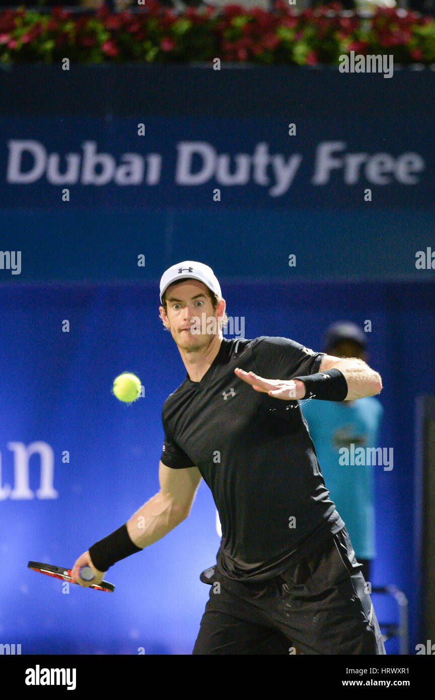 Dubai, UAE. 4th Mar, 2017. Britain’s Andy Murray on his way to victory against Spaniard Fernando Verdasco 6-3 6-2 at the Dubai Duty Free Tennis Championships final. This is Murray’s first victory at the tournament having previously lost the final in 2012 Stock Photo