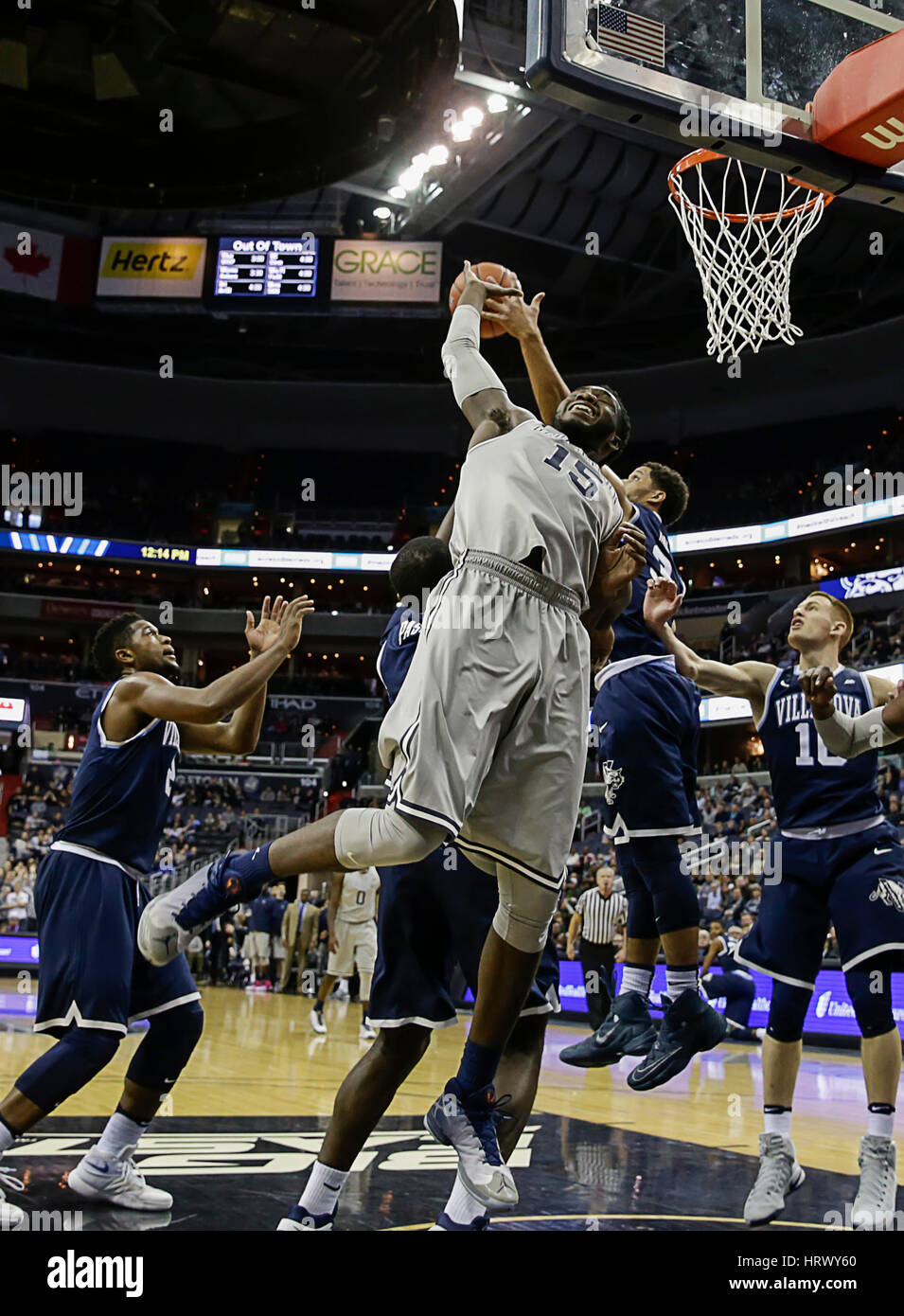 March 4, 2017: Georgetown Hoyas C #15 Jessie Govan stretches for the rebound during a NCAA Men's Basketball game between the Georgetown Hoyas and the Villanova Wildcats at the Verizon Center in Washington, DC Hoyas trail the Wildcats at half time, 28-38. Justin Cooper/CSM Stock Photo