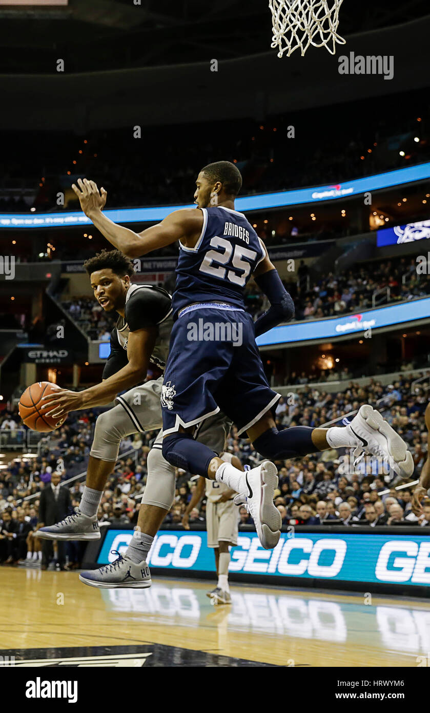 March 4, 2017: Georgetown Hoyas G #4 Jagan Mosely looks to pass in the paint during a NCAA Men's Basketball game between the Georgetown Hoyas and the Villanova Wildcats at the Verizon Center in Washington D.C. Hoyas trail the Wildcats at half time, 28-38. Justin Cooper/CSM Stock Photo