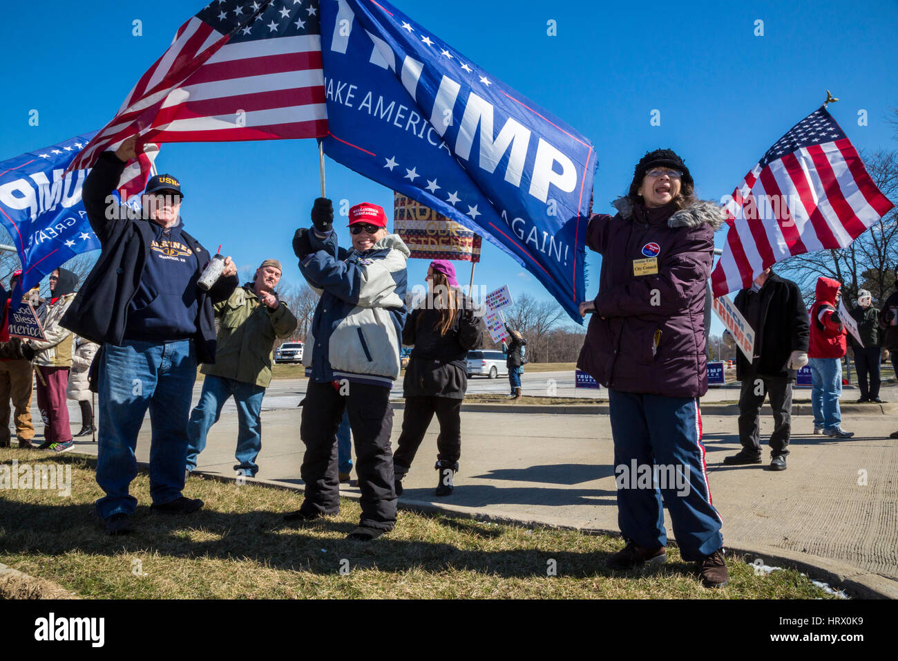 Sterling Heights, Michigan, USA. 4th Mar, 2017. Supporters of President Donald Trump at a 'March 4 Trump' in Macomb County, Michigan. Credit: Jim West/Alamy Live News Stock Photo