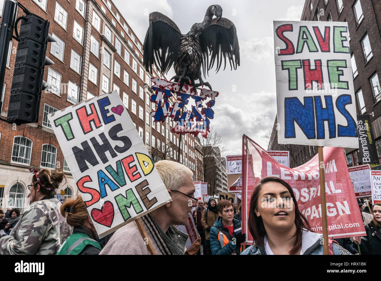 London, UK. 4th March 2017. Jeremy the NHS  Eaglejoings the many thousands to  march though London from Tavistock Square where the BMA have their headquarters to a rally in Parliament Square in protest against the cuts and privatisation of the NHS which they say is at breaking point. At the rally before the march, local councils who had turned down the Sustainability and Transformation Plans for hospital closures and cuts in services were loudly cheered and others were urged to follow their example. Credit: Peter Marshall/Alamy Live News Stock Photo