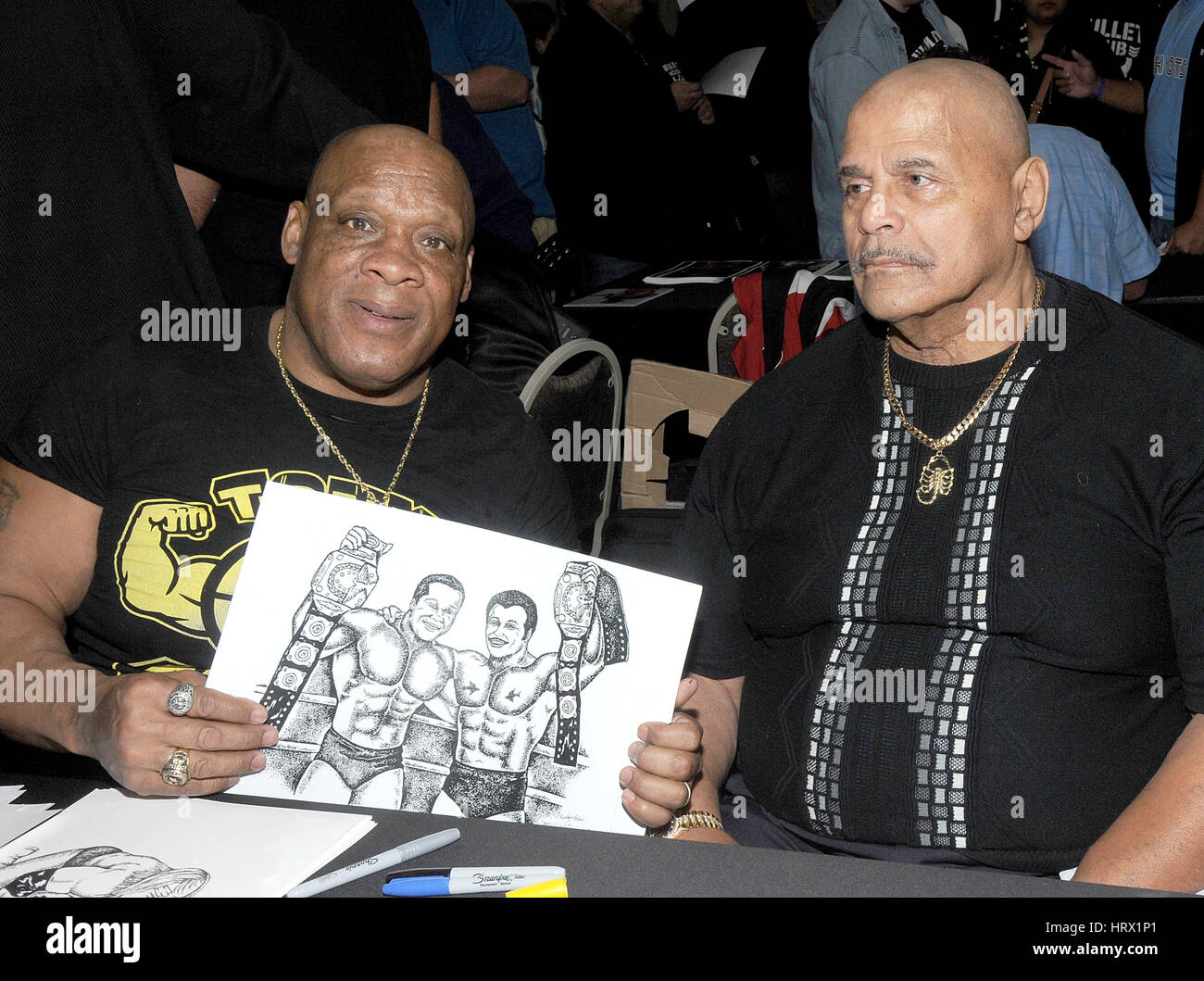 NEW YORK, NY - MARCH 04: Hall of Fame members Tony Atlas and Rocky Johnson  attends the "Big Event" at the LaGuardia Plaza Hotel on March 4, 2017 in  New York City.