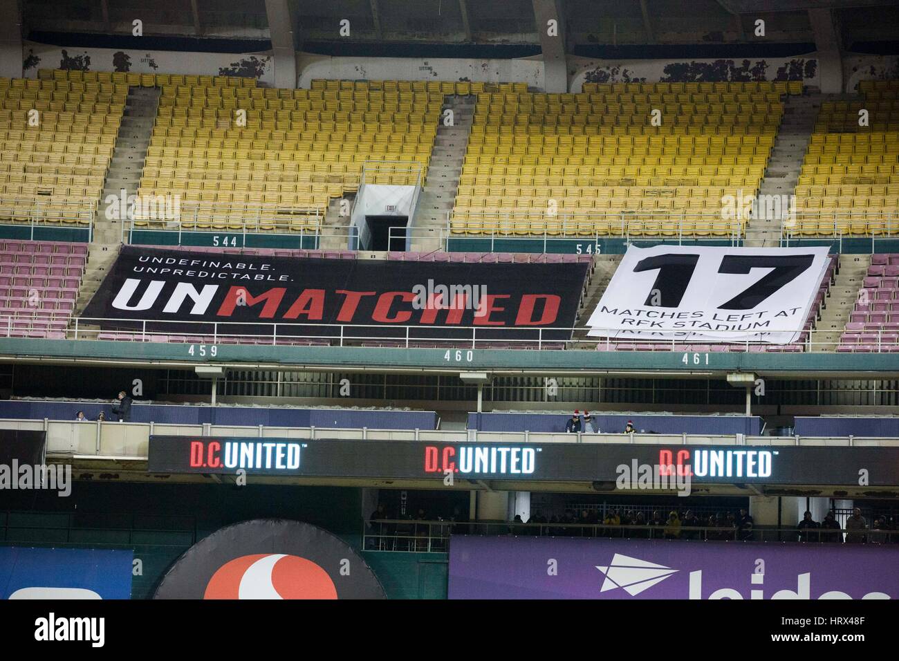 Washington, DC, USA. 04th Mar, 2017. A sign noting the number of games remaining at D.C. United's home stadium, RFK, in Washington, DC The team will be moving to a new stadium in the 2018-2019 MLS season. Credit: The Photo Access/Alamy Live News Stock Photo