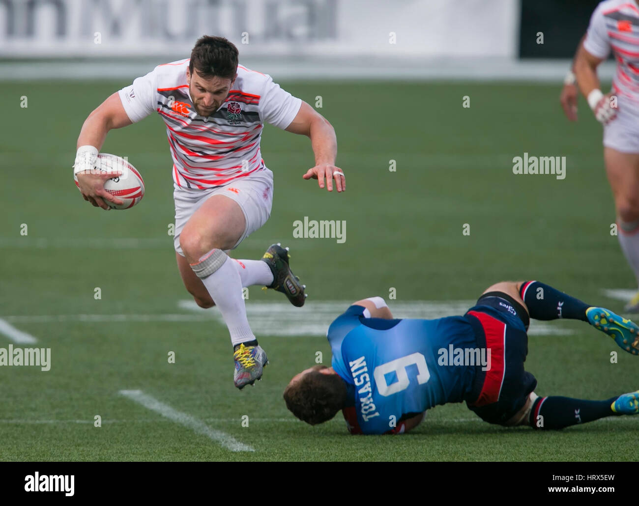 Las Vegas, NV, USA. 4th Mar, 2017. Charlie Hayter #2 of England in action during Pool B play of the rugby sevens match between the USA and England at Sam Boyd Stadium in Las Vegas, Nv. England defeated the US 24-17. Damon Tarver/Cal Sport Media/Alamy Live News Stock Photo