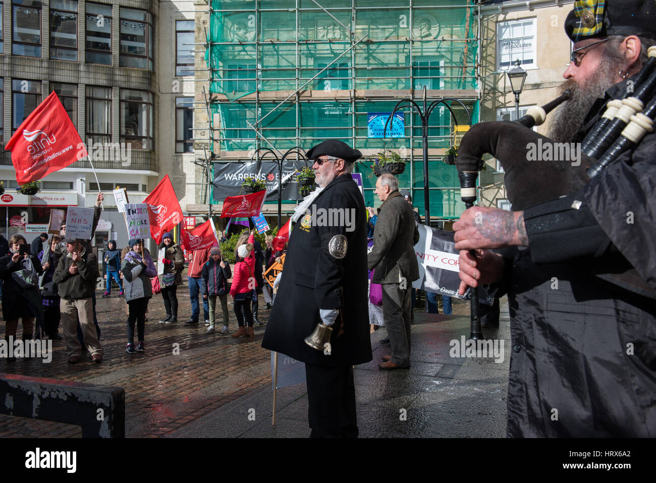 Truro, UK. 04th Mar, 2017. The Truro Town Crier announces the start of