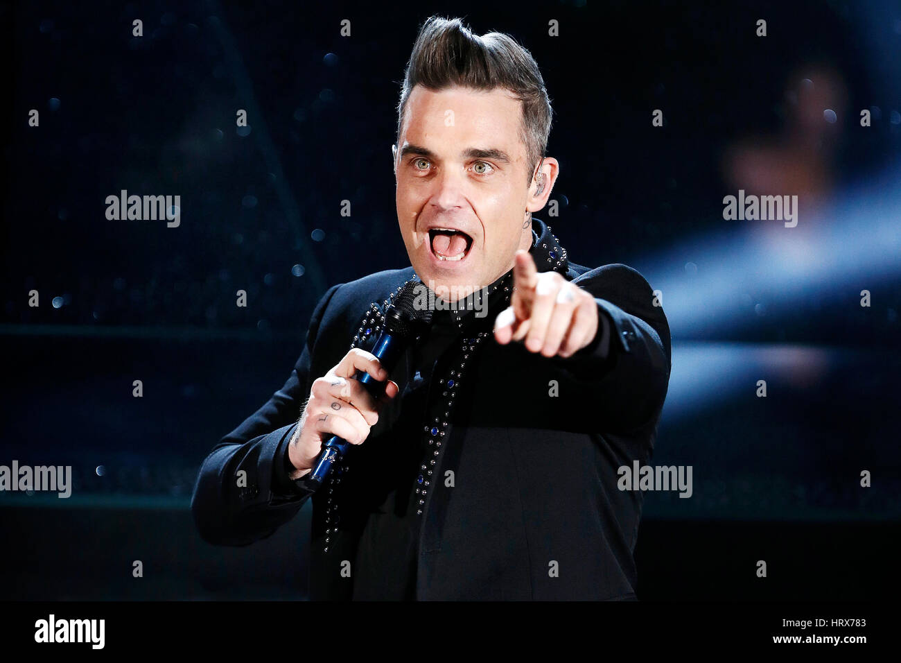 SANREMO, ITALY, February 8: Singer Robbie Williams performs during the 67th Sanremo Song Festival on February 8, 2017, in Sanremo, Italy. Stock Photo