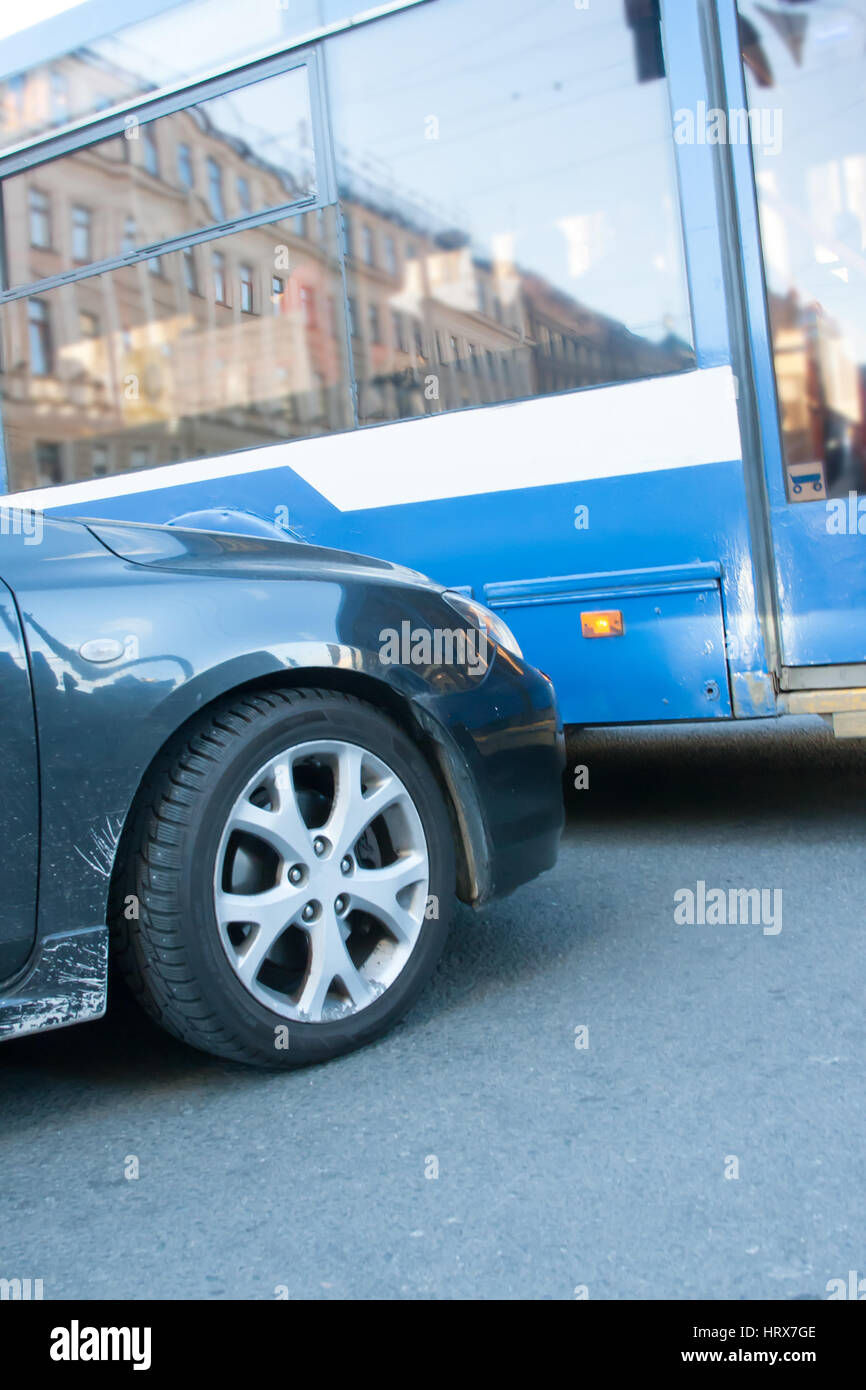 road accident with bus and the passenger car Stock Photo