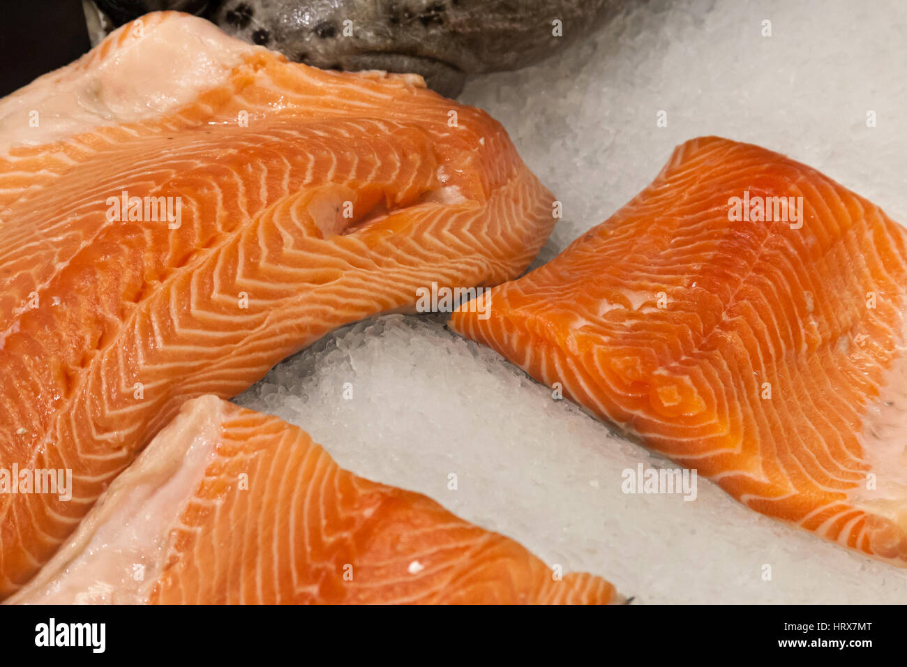 the fillet of a salmon lying in ice on a counter of shop Stock Photo ...