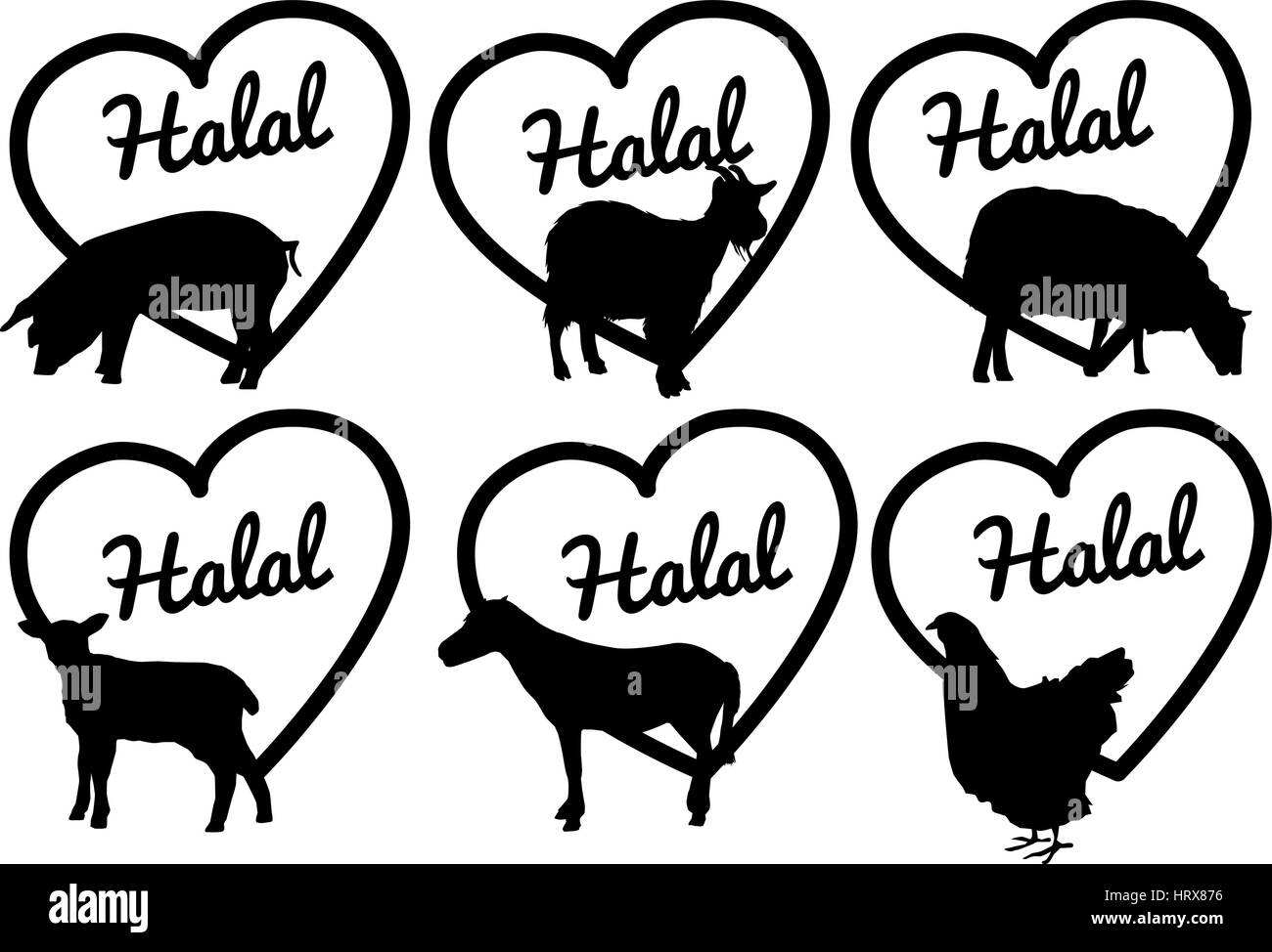 halal meat including beef, chicken, lamb and goat Stock Vector