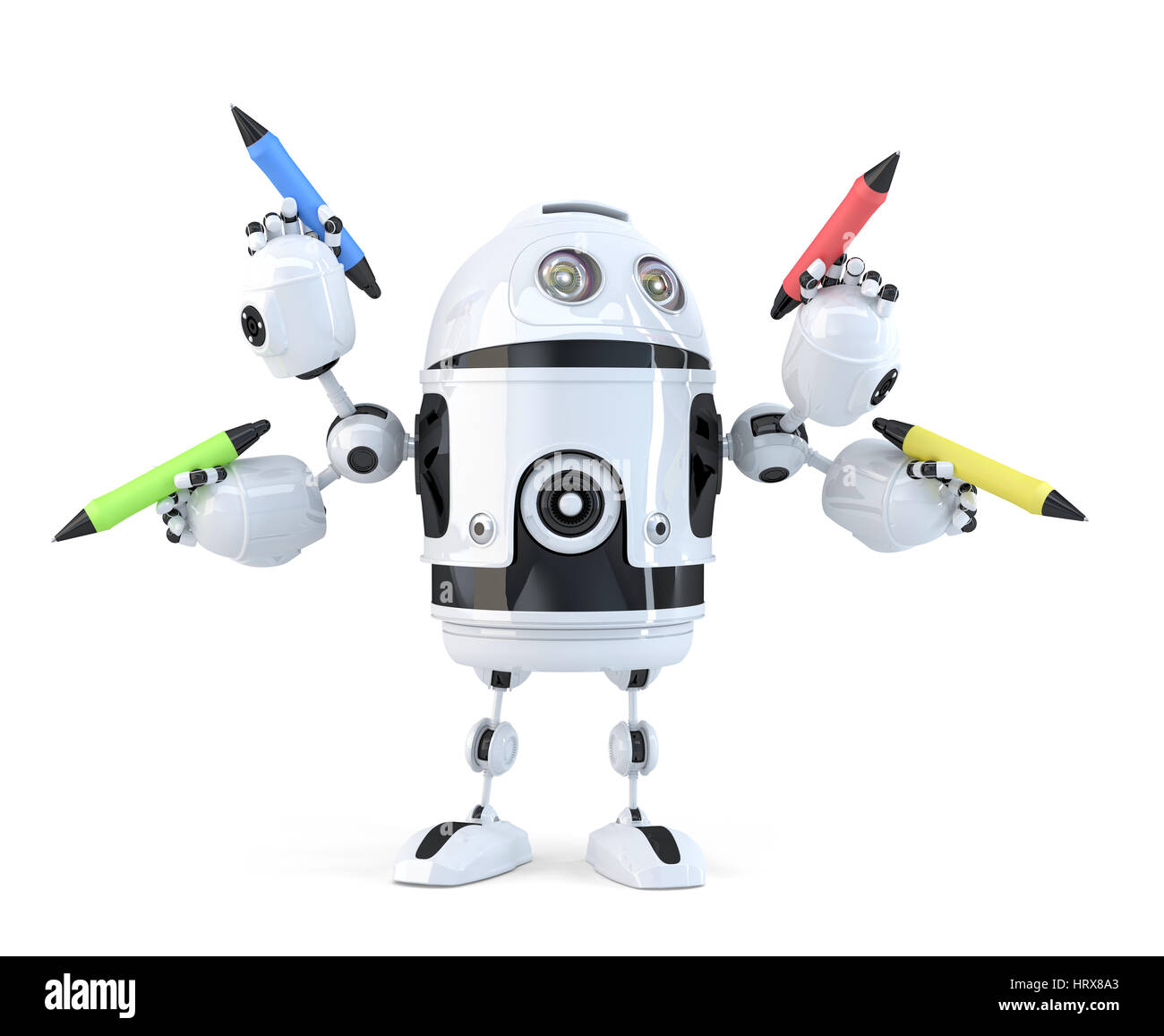 Robot with pencils. Multitasking concept. Isolated. Contains clipping path. 3d illustration Stock Photo