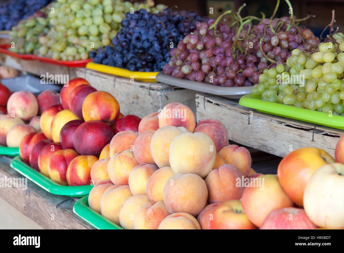 Greengrocery with fresh fruits and vegetables in summer day Stock Photo ...