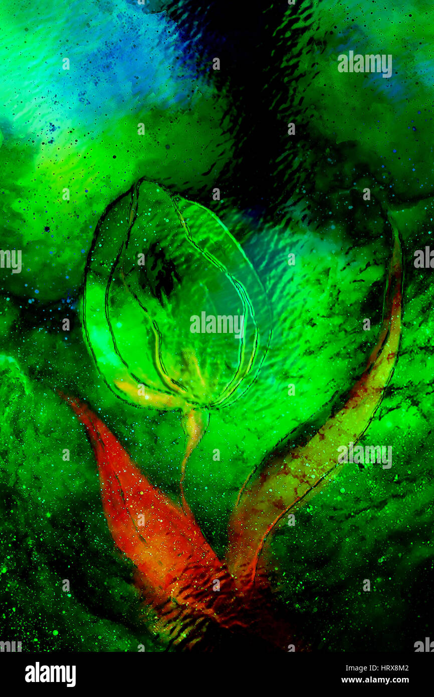 dancing tulip flower motive on abstract background, space collage and glass effect Stock Photo