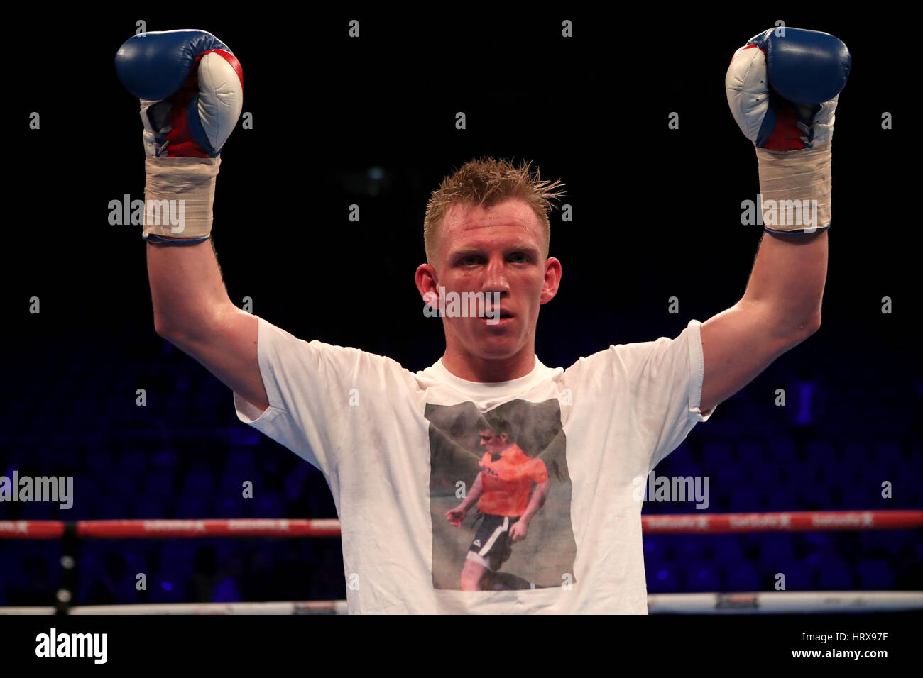Ted Cheeseman celebrates his victory over Jack Sellars in the Super-Welterweight contest at The O2. Stock Photo