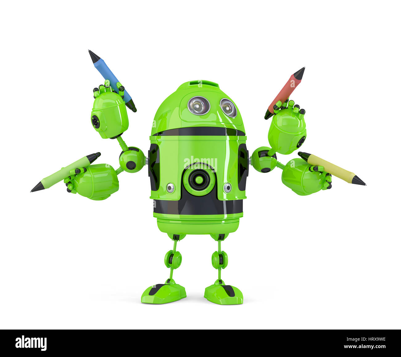 Four-armed 3d robot with pencils. Multitasking concept. Isolated. Contains clipping path. Stock Photo