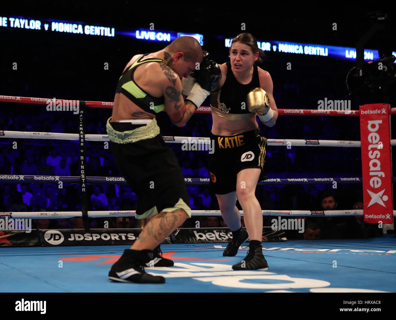 Katie Taylor (right) takes on Monica Gentili in the super-featherweight contest at The O2. PRESS ASSOCIATION Photo. Picture date: Saturday March 4, 2017. See PA story BOXING London. Photo credit should read: Nick Potts/PA Wire Stock Photo