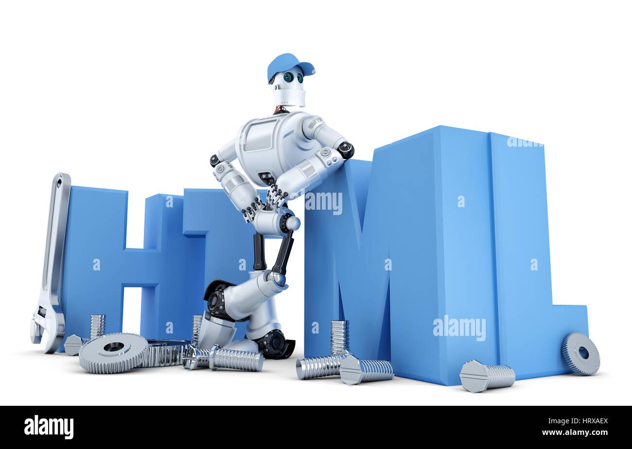 Robot with HTML sign. Technology concept. Isolated over white ...