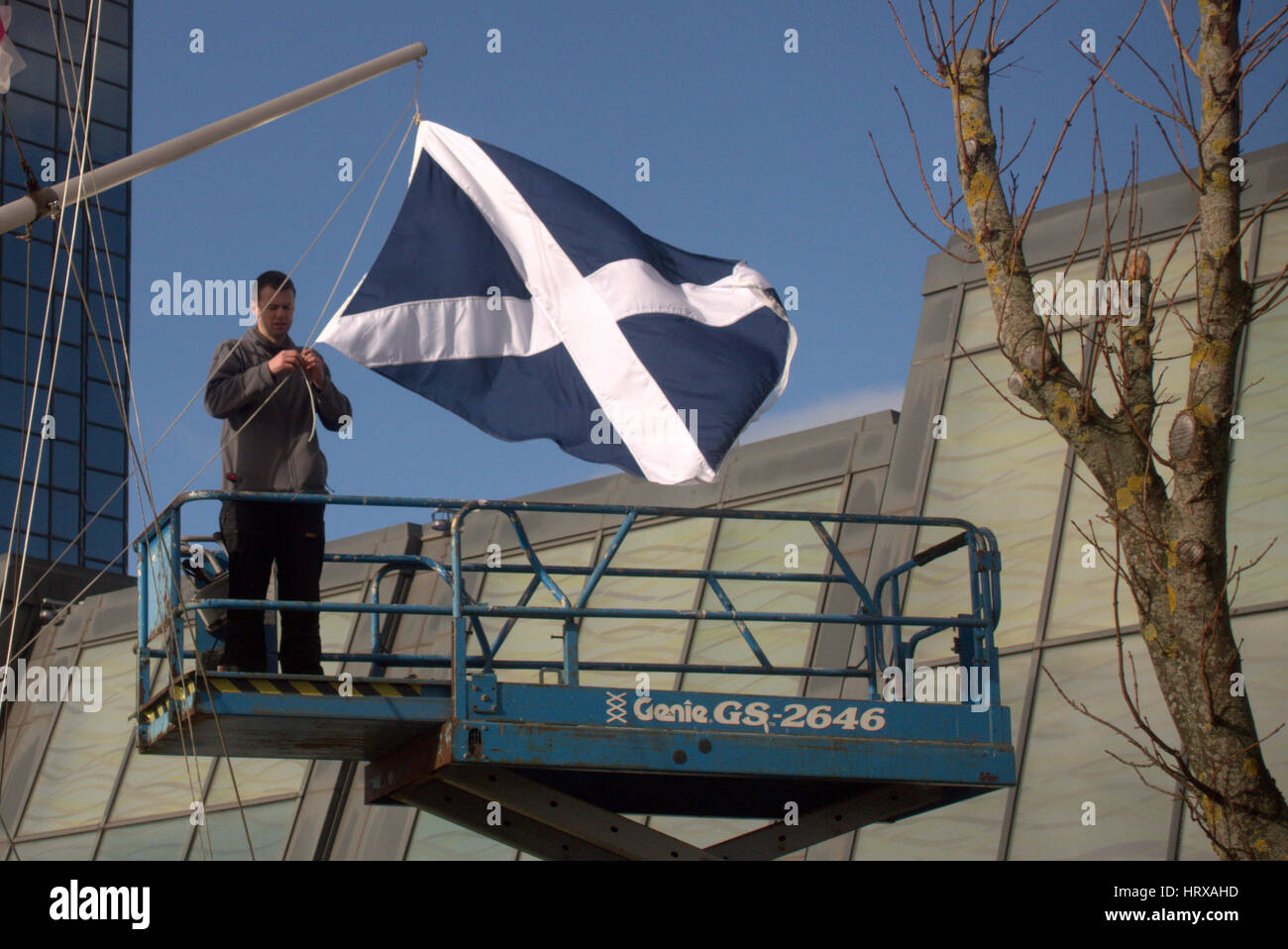 raising the Scottish flag om a platform man Stock Photo