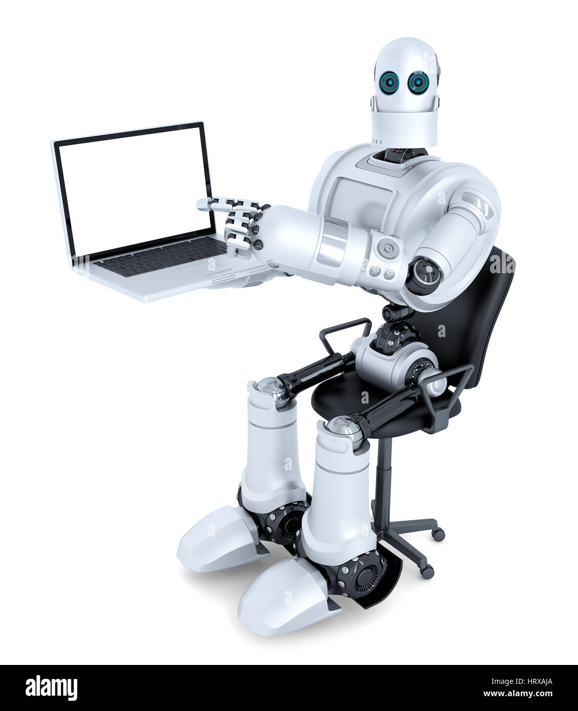 Robot with laptop sitting in office chair. Technology concept. Isolated  over white. Contains clipping path of entire scene and laptop screen Stock  Photo - Alamy