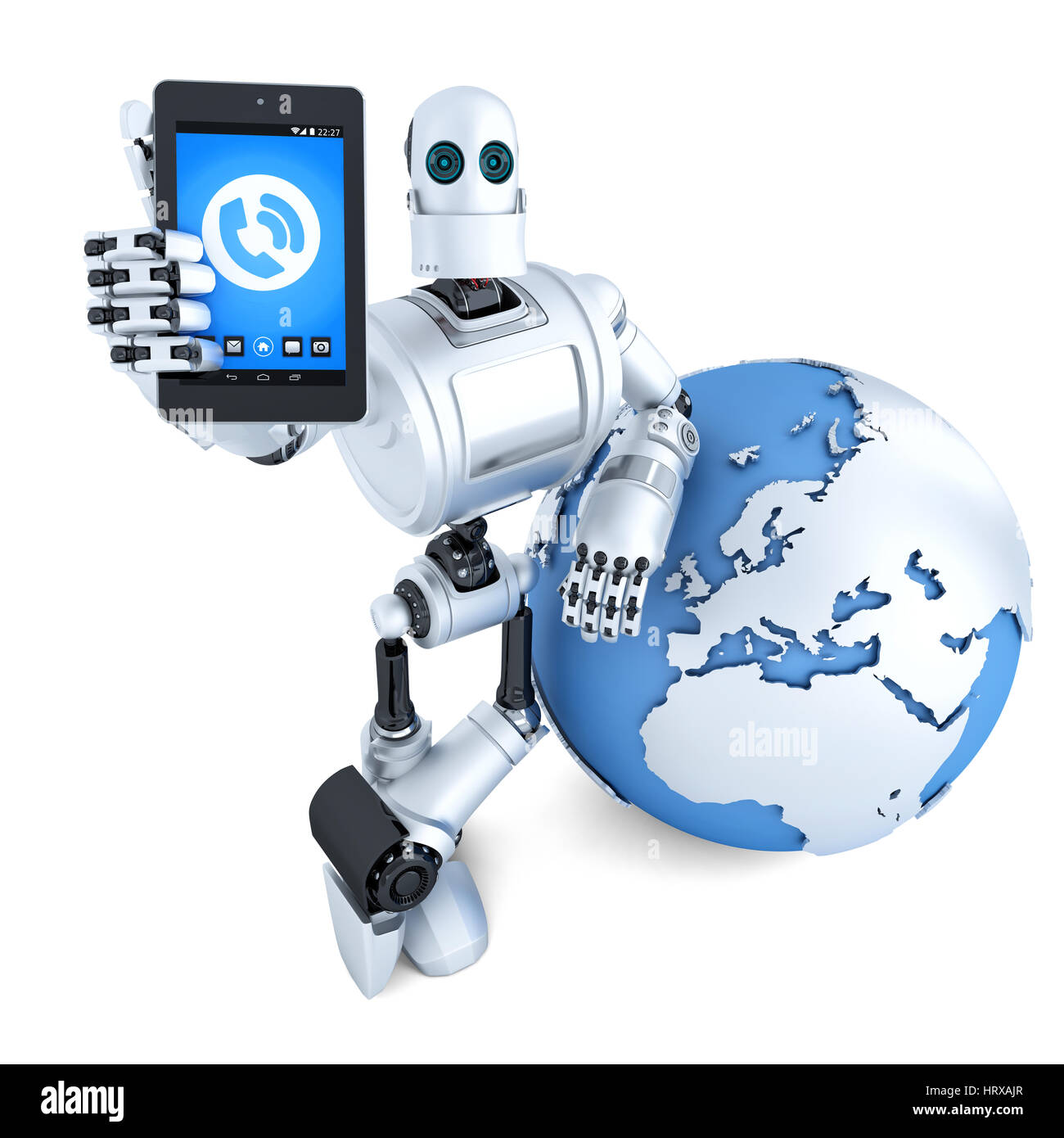 Robot with tablet phone and earth globe. Global communication concept. Isolated over white. Contains clipping path Stock Photo