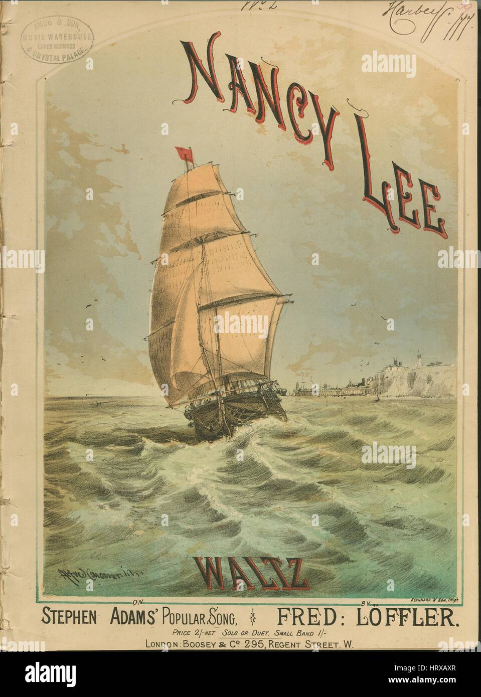 Sheet music cover image of the song 'Nancy Lee Waltz', with original authorship notes reading 'by Fred Loffler', United Kingdom, 1900. The publisher is listed as 'Boosey and Co., 295 Regent Street', the form of composition is 'introduction, four da capo waltzes, and coda', the instrumentation is 'piano', the first line reads 'None', and the illustration artist is listed as 'Alfred Concanen'. Stock Photo