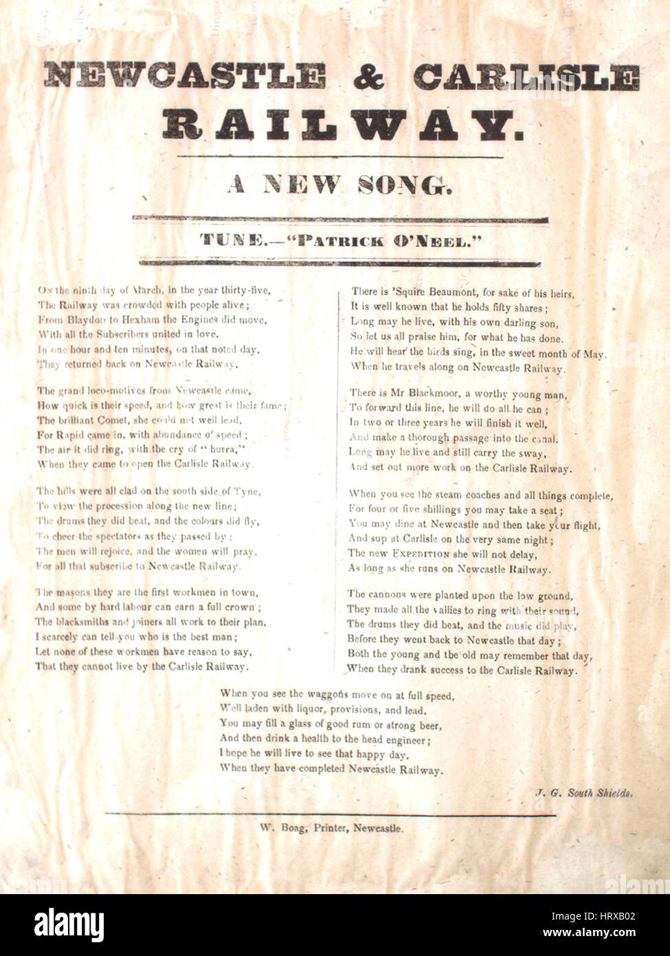 Sheet music cover image of the song 'Song Sheet  Newcastle and Carlisle Railway A New Song', with original authorship notes reading 'JG South Shields Tune  Patrick O'Neel', 1900. The publisher is listed as 'W. Boag', the form of composition is 'strophic', the instrumentation is 'na', the first line reads 'On the ninth day of March, in the year thirty-five', and the illustration artist is listed as 'None'. Stock Photo