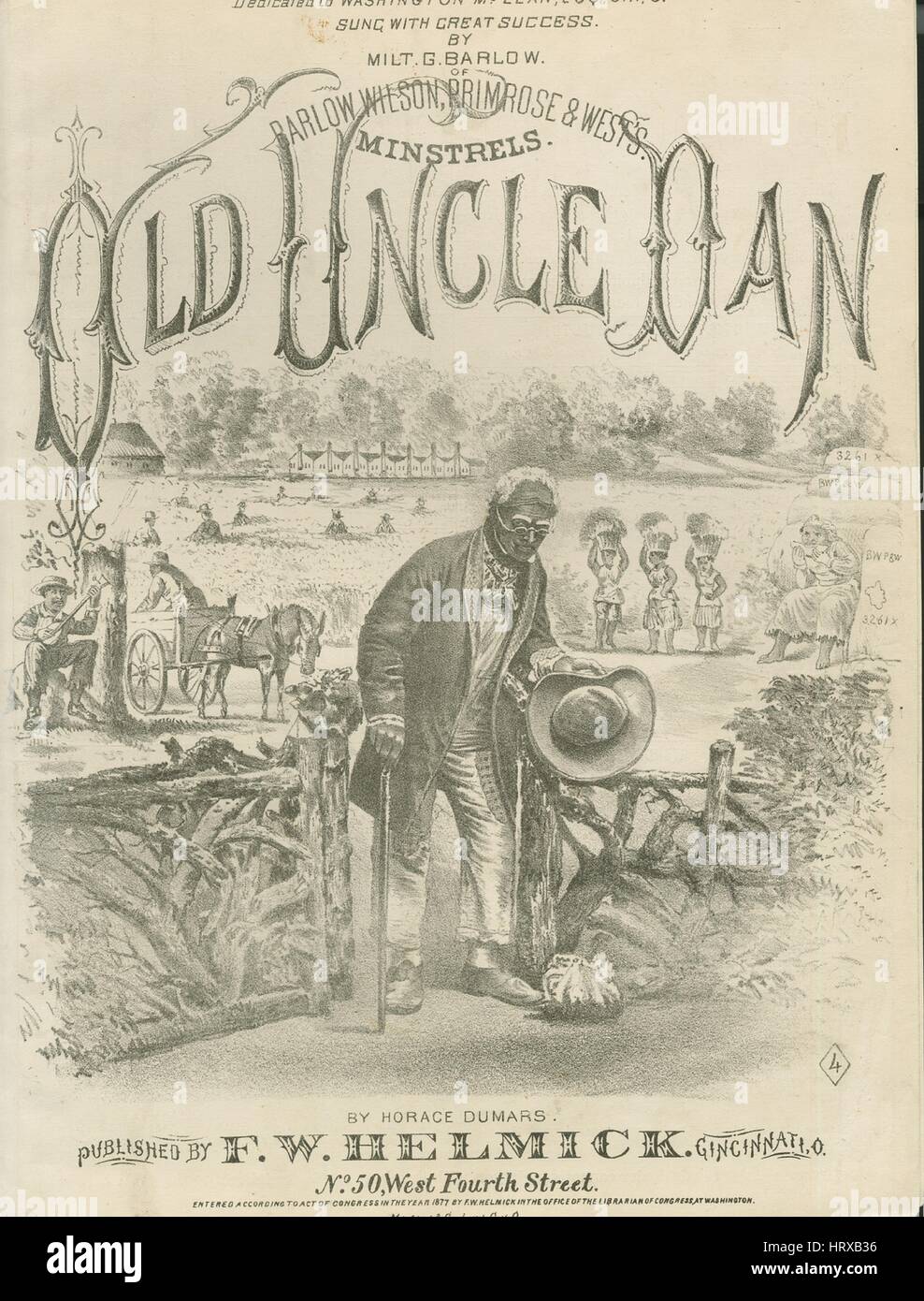 Sheet music cover image of the song 'Old Uncle Dan', with original authorship notes reading 'Words and Music by Horace Dumars', 1877. The publisher is listed as 'F.W. Helmick, No. 50 West Fourth Street', the form of composition is 'strophic with chorus', the instrumentation is 'piano and voice', the first line reads 'Long years ago, e'er my hair had turned gray', and the illustration artist is listed as 'Monson[?] and Co. Lith. Cin. O.'. Stock Photo