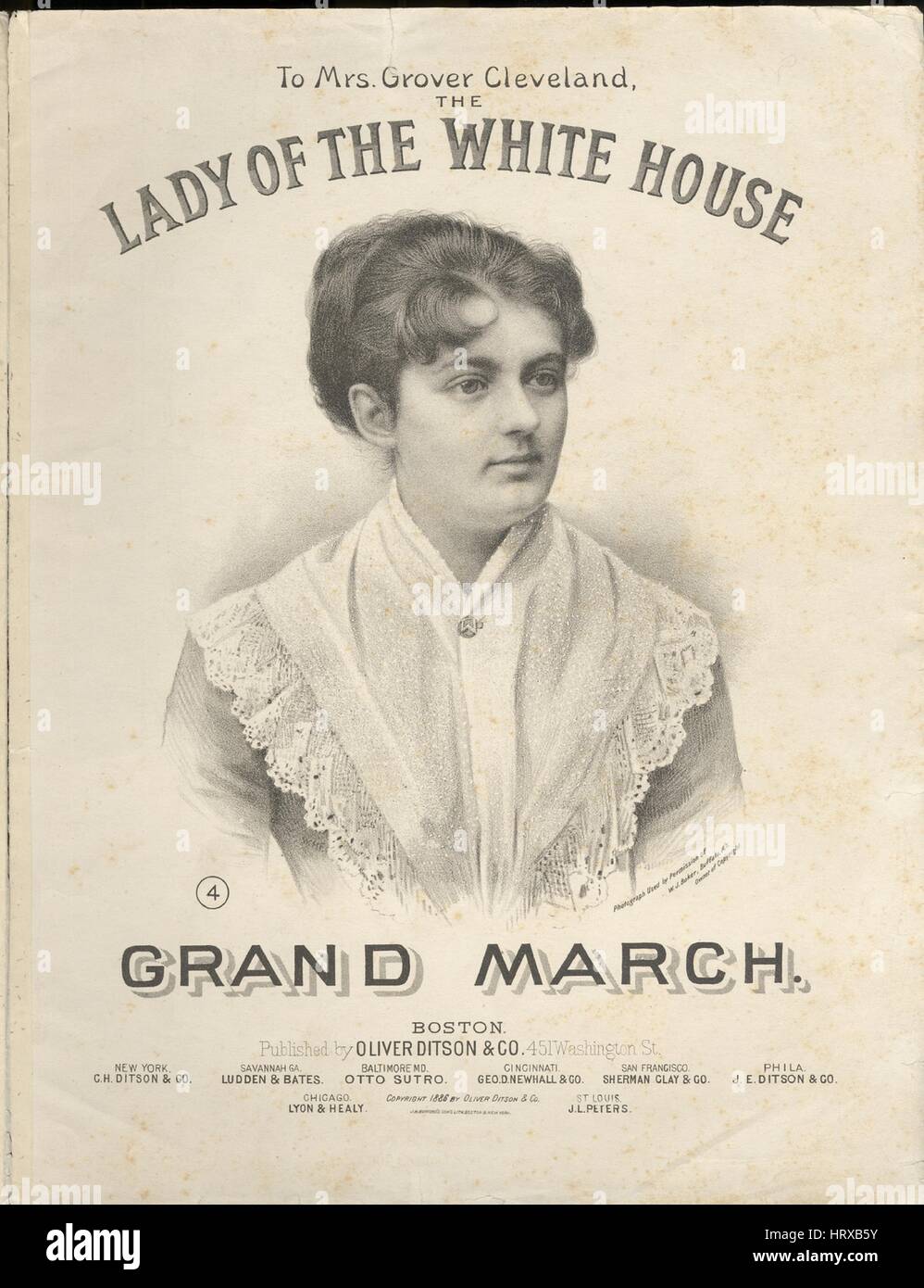Sheet music cover image of the song 'The Lady of the White House Grand March', with original authorship notes reading 'EC', United States, 1886. The publisher is listed as 'Oliver Ditson and Co., 451 Washington St.', the form of composition is 'sectional', the instrumentation is 'piano', the first line reads 'None', and the illustration artist is listed as 'Photograph Used by Permission of W.J. Baker, Buffalo, N.Y. Owner of Copyright; J.H. Bufford's Sons Lith. Boston and New York'. Stock Photo