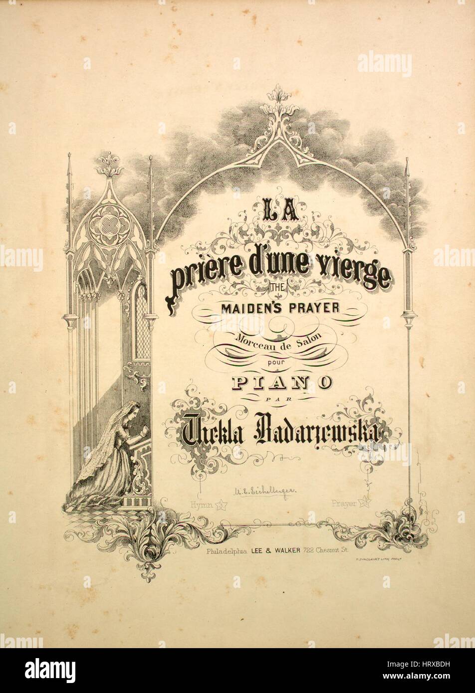 Sheet music cover image of the song 'La Priere d'une Vierge The Maiden's  Prayer Morceau de Salon pour Piano', with original authorship notes reading  'Par Thekla Badarzewska', United States, 1900. The publisher