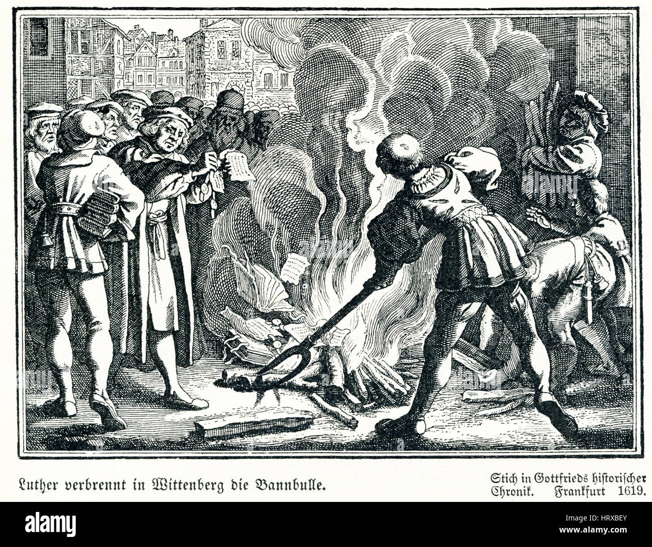 Luther burns the Papal Bull in Wittenberg. Martin Luther burns the papal bull in Wittenberg. This illustration appeared in Gottfried's Historical Chronicle, Frankfurt in 1619. The so-called 'Exsurge Domine' was a papal bull issued by Pope Leo X on June 15, 1520. The pope issued it in response to Martin Luther, who would become a promiment leader of the Protestant Reformation, posting his 95 Theses in 1517. The bull demanded that Luther retract many of his statements, which the bull called errors, by December 20. Luther did not and on December 20, Luther burned the bull, as shown here. Stock Photo