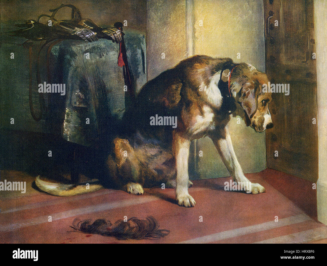 This painting, titled 'Suspense,' is by the English artist Sir Edwin Landseer (1802-1873). It is considered by many to be Landsee's finest work. It shows a dog watching at his wounded master's closed door and illustrates the artist's happy gift of suiting title to subject. Landsseer is said to be the first to study a dog's intelligent face and eyes, and his faithfulness. Landseer is known for pianting animals at their best. Stock Photo