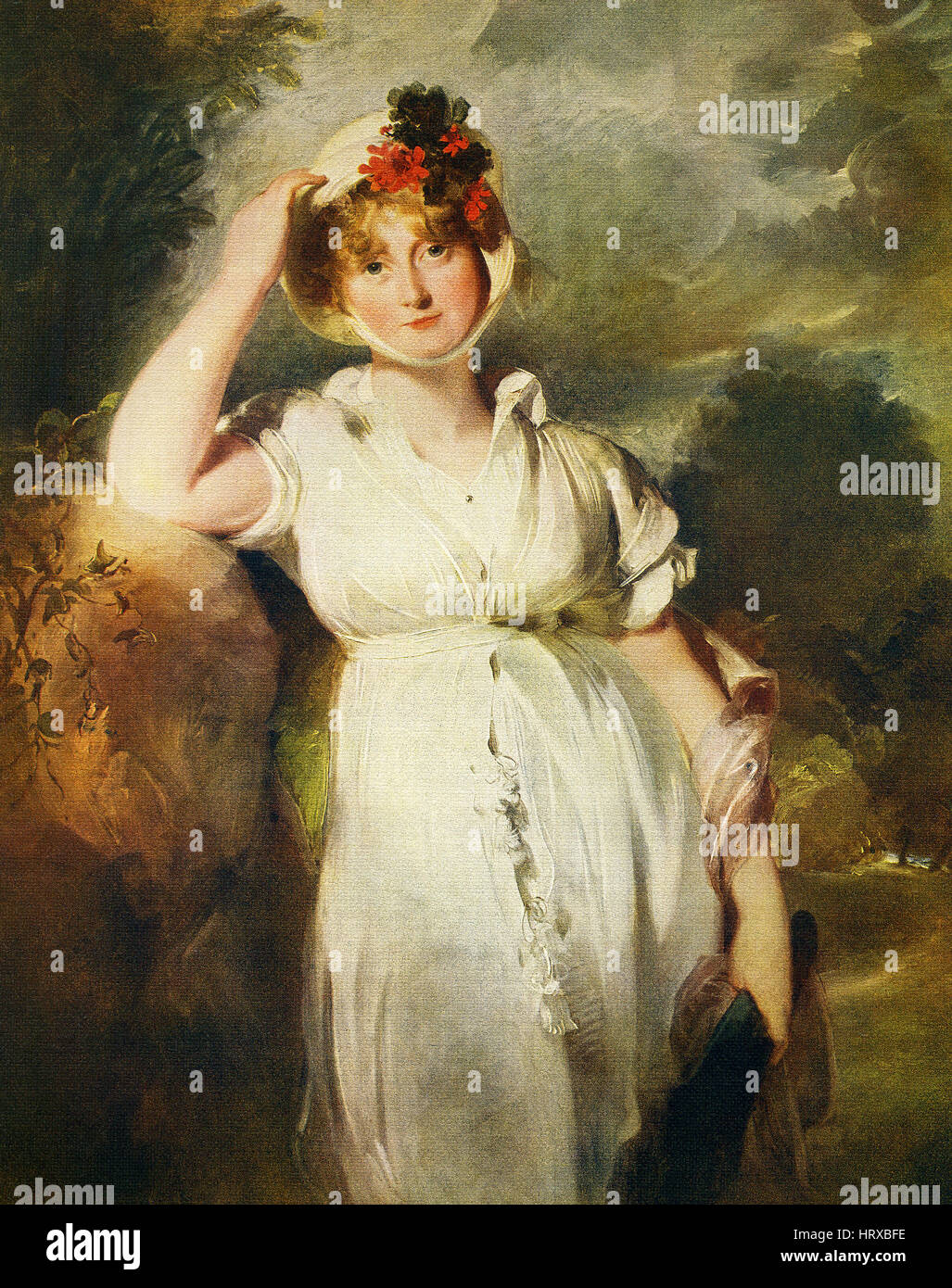 This painting, titled 'Caroline of Brunswick, Queen of George IV,' is by the English artist Sir Thomas Lawrence (1769-1830). He painted the great beauties and talented women of the time and received enormous fees and spent lavishly. It is said that much of his work was stereotyped character. Stock Photo