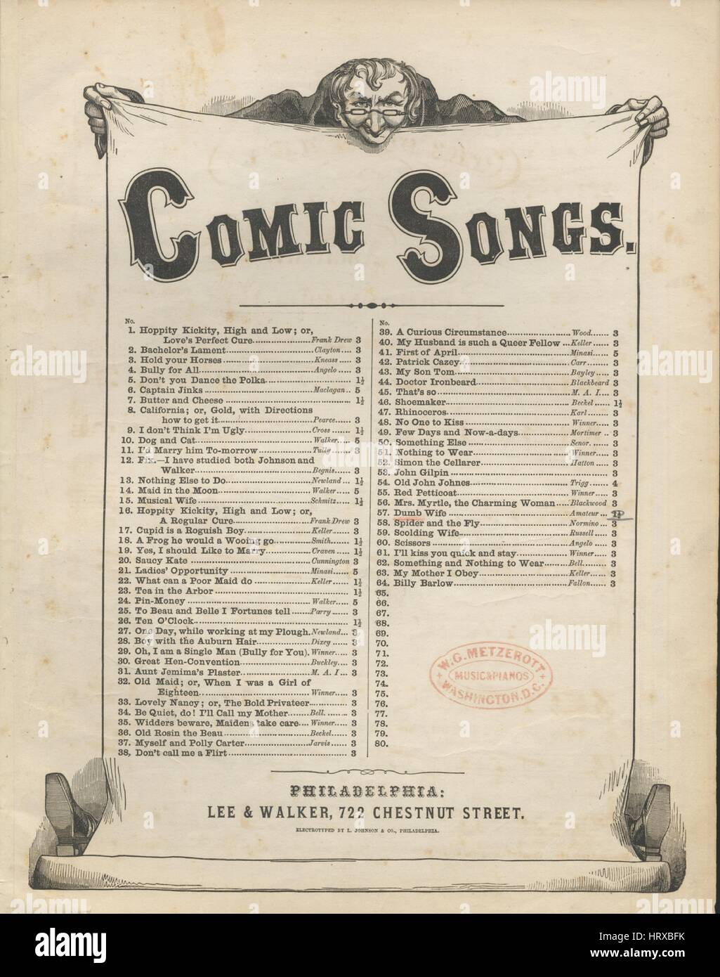 Sheet music cover image of the song 'Comic Songs', with original authorship notes reading '', United States, 1836. The publisher is listed as 'Lee and Walker, 722 Chestnut Street', the form of composition is 'strophic with chorus', the instrumentation is 'piano and voice', the first line reads 'There was a country blade, And he wooed a little maid', and the illustration artist is listed as 'Electrotyped By L. Johnson and Co., Philadelphia'. Stock Photo