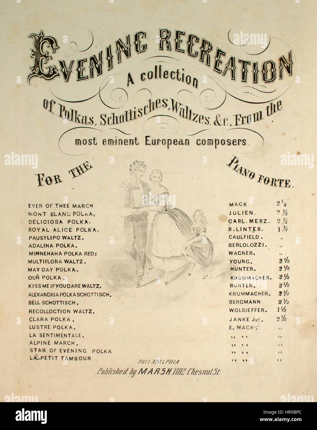 Sheet music cover image of the song 'Evening Recreation A Collection of Polkas, Schottisches, Waltzes, Etc, From the most eminent European Composers Air and Variations', with original authorship notes reading 'E Mack', United States, 1860. The publisher is listed as 'Marsh, 1102 Chesnut St.', the form of composition is 'sectional', the instrumentation is 'piano', the first line reads 'None', and the illustration artist is listed as 'None'. Stock Photo