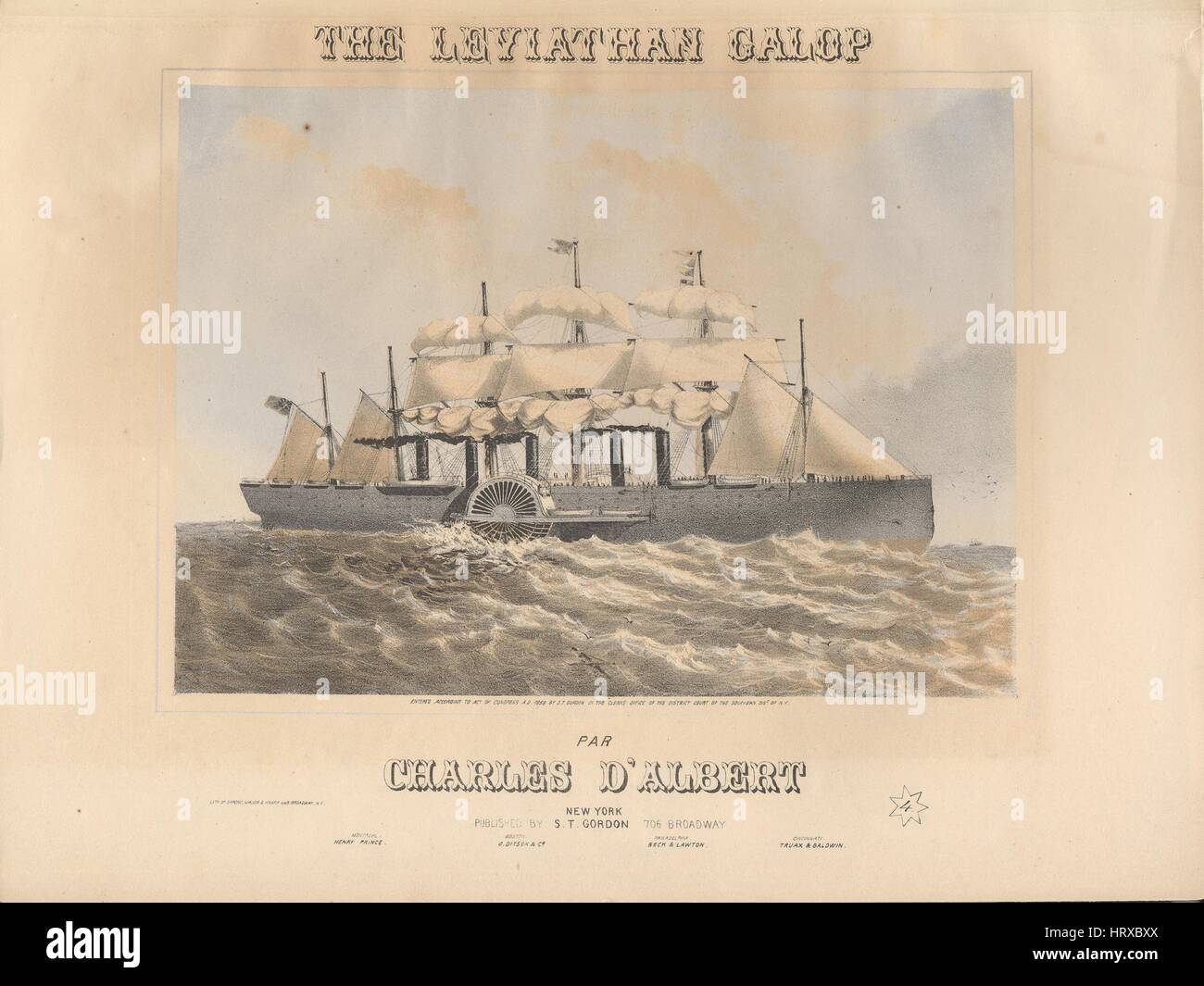 Sheet music cover image of the song 'The Leviathan Galop', with original authorship notes reading 'Par Charles D'Albert', United States, 1858. The publisher is listed as 'S.T. Gordon, 706 Broadway', the form of composition is 'da capo with trio', the instrumentation is 'piano', the first line reads 'None', and the illustration artist is listed as 'Lith. of Sarony, Major and Knapp 449 Broadway; Pearson, Engr.'. Stock Photo