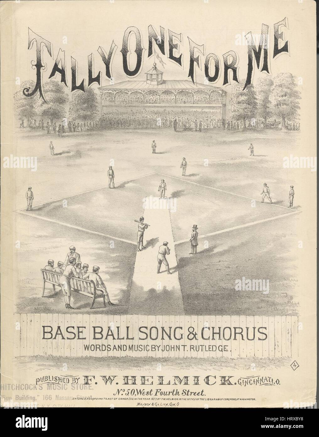 Sheet music cover image of the song 'Tally One For Me Base Ball Song and Chorus', with original authorship notes reading 'Words and Music by John T Rutledge', 1877. The publisher is listed as 'F.W. Helmick, No.50 West Fourth Street', the form of composition is 'strophic with chorus', the instrumentation is 'piano and voice', the first line reads 'I'm the pride and pet of all the girls that come out to the park', and the illustration artist is listed as 'Monsch and Co. Lith. Cin. O.'. Stock Photo