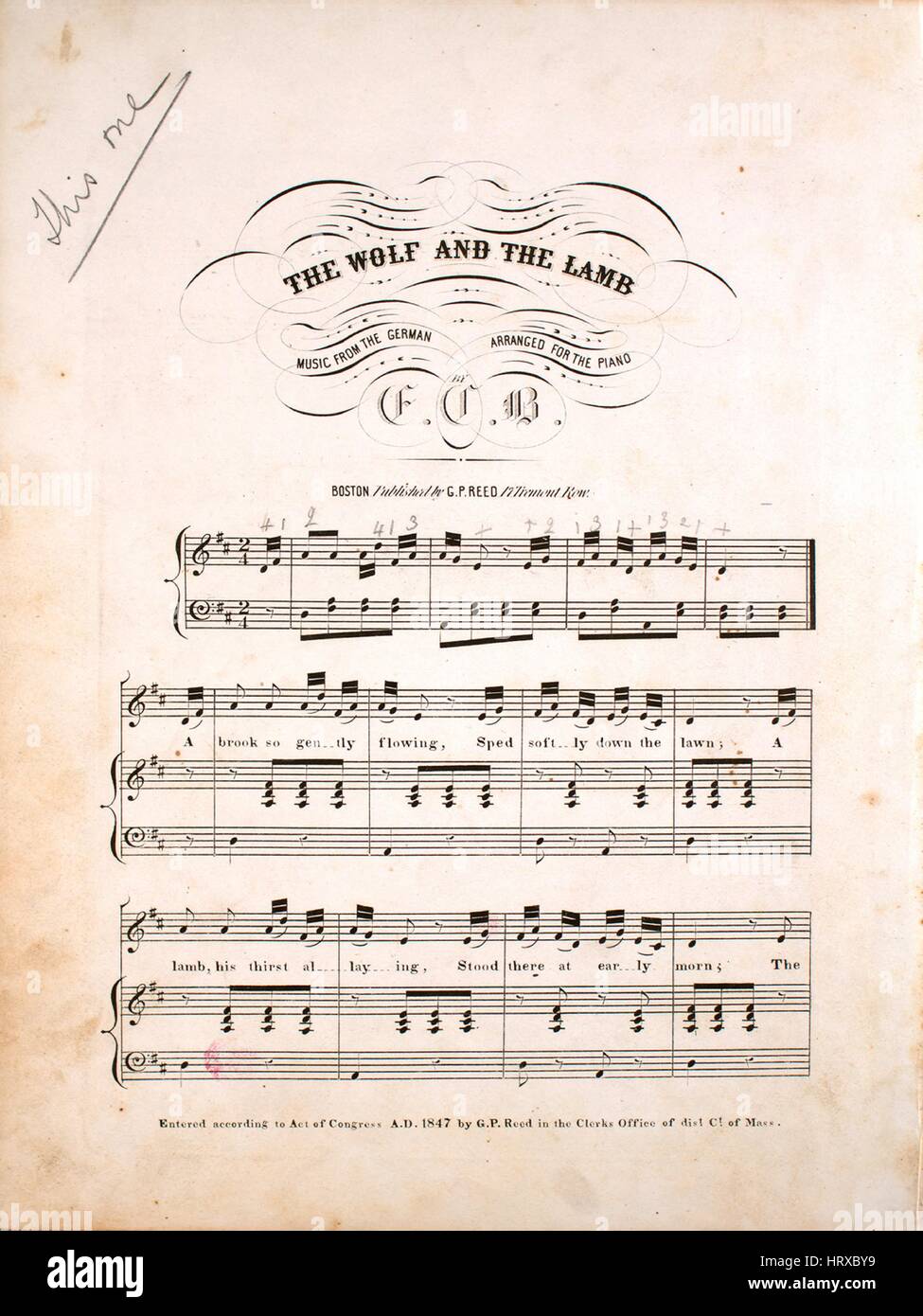 Sheet music cover image of the song 'The Wolf and the Lamb', with original  authorship notes reading 'Music from the German Arranged for the Piano by  EC B', United States, 1847. The