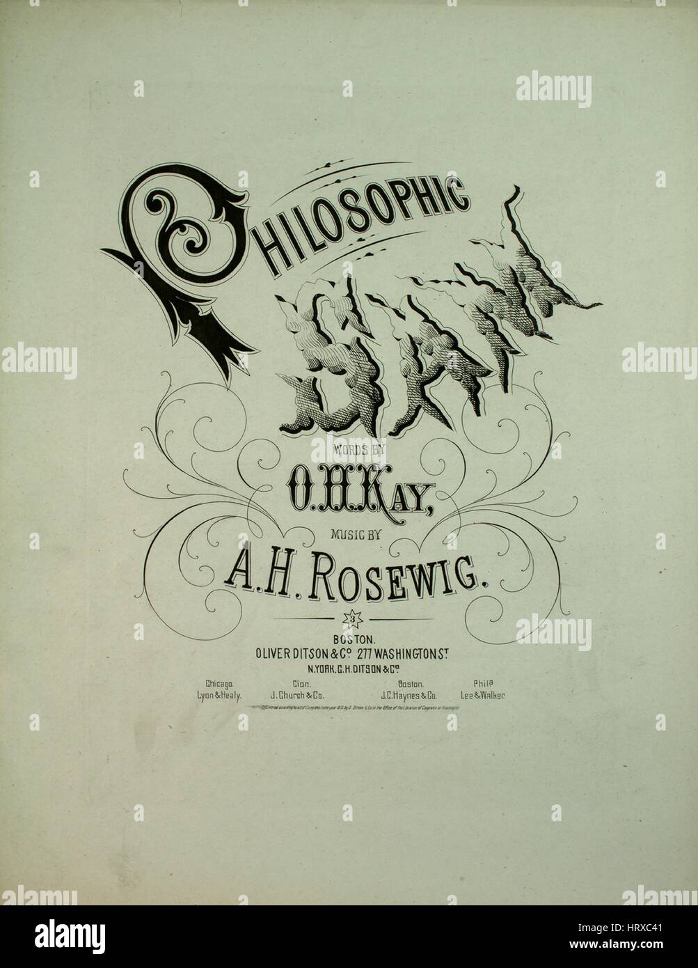 Sheet music cover image of the song 'Philosophic Sam', with original authorship notes reading 'Words by OH Kay Music by AH Rosewig', United States, 1873. The publisher is listed as 'Oliver Ditson and Co., 277 Washington St.', the form of composition is 'strophic with chorus', the instrumentation is 'piano and voice (solo and satb chorus)', the first line reads 'Where'er I am the ladies throng, and as on me they gaze', and the illustration artist is listed as 'None'. Stock Photo