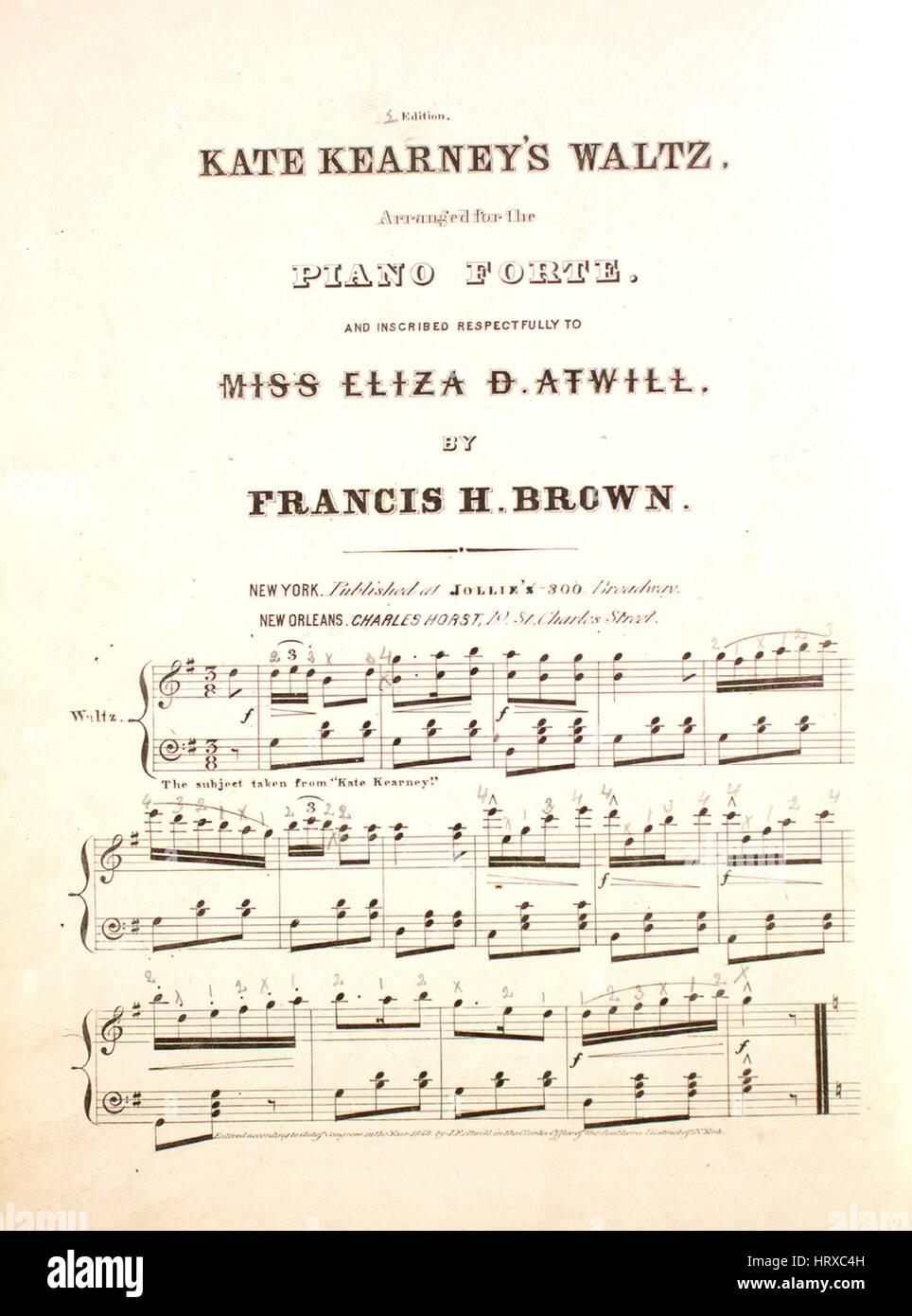 Sheet music cover image of the song 'Kate Kearney's Waltz 2nd Edition', with original authorship notes reading 'Arranged for the Piano Forte by Francis H Brown', United States, 1849. The publisher is listed as 'Jollie's, 300 Broadway', the form of composition is 'da capo', the instrumentation is 'piano', the first line reads 'None', and the illustration artist is listed as 'None'. Stock Photo