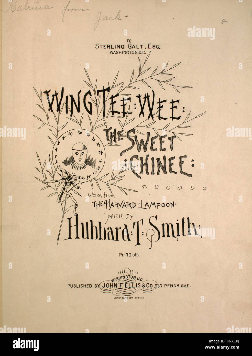 Sheet music cover image of the song 'Wing Tee Wee, the Sweet Chinee', with original authorship notes reading 'Words form The Harvard Lampoon Music by Hubbard T Smith', 1890. The publisher is listed as 'John F. Ellis and Co., 937 Penna Ave.', the form of composition is 'strophic with chorus', the instrumentation is 'piano and voice', the first line reads 'Wing Tee Wee was a sweet Chinee and she lived in the town of Tac', and the illustration artist is listed as 'None'. Stock Photo