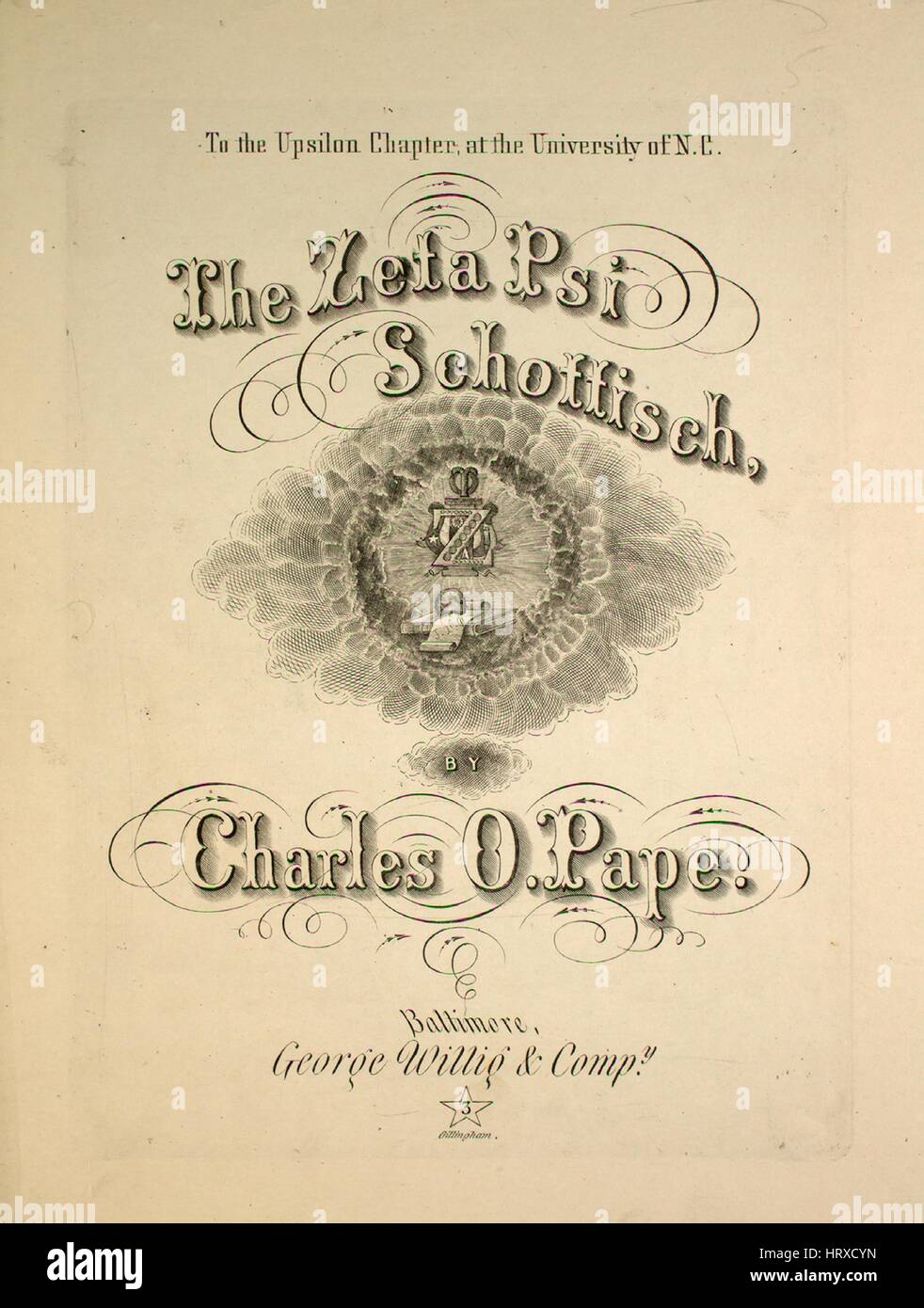 Sheet music cover image of the song 'The Zeta Psi Schottisch', with original authorship notes reading 'by Charles O Pape', United States, 1866. The publisher is listed as 'George Willig and Compy.', the form of composition is 'sectional', the instrumentation is 'piano', the first line reads 'None', and the illustration artist is listed as 'Gillingham'. Stock Photo