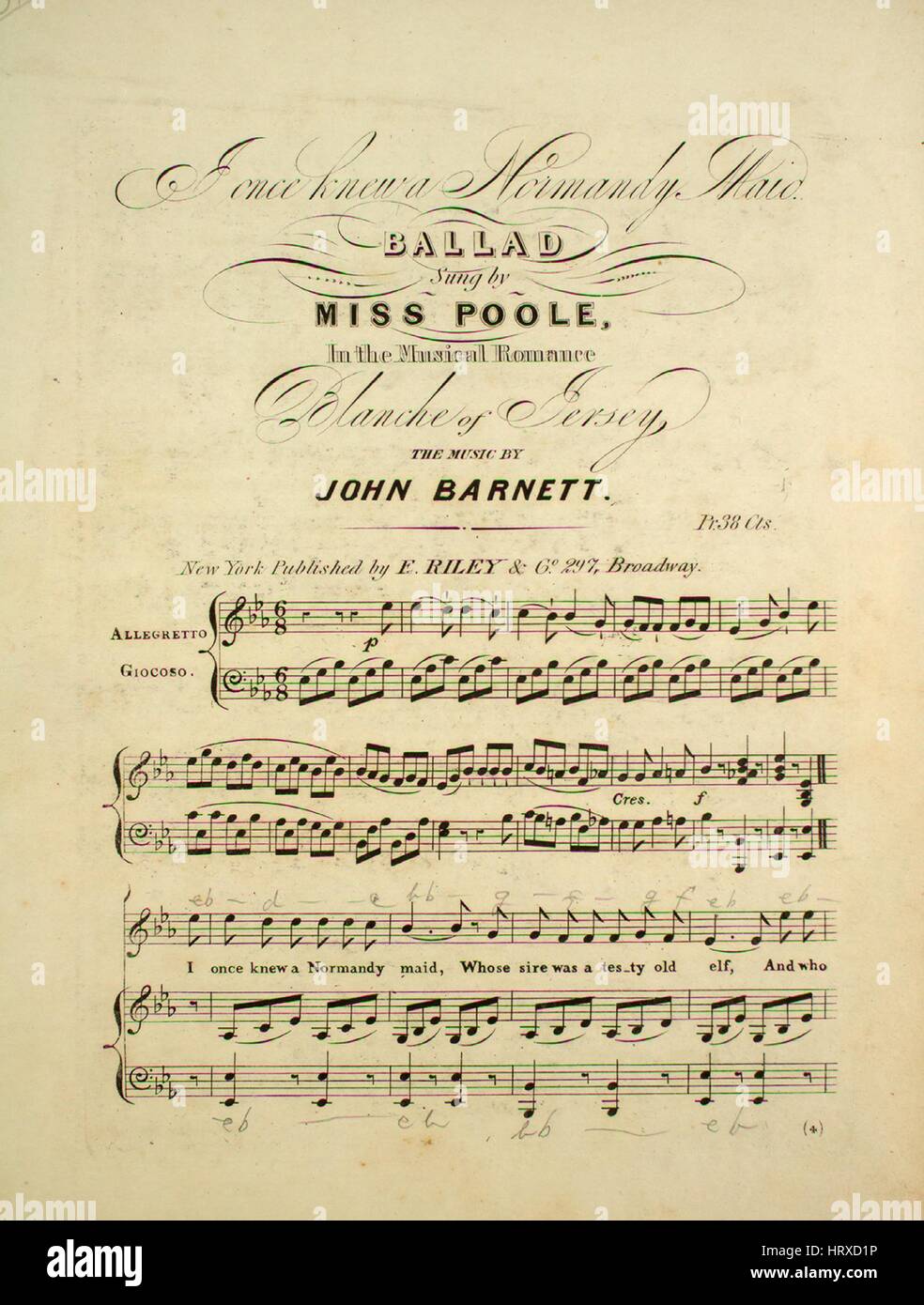 Sheet music cover image of the song 'I Once Knew a Normandy Maid Ballad', with original authorship notes reading 'The Music of John Barnett', United States, 1900. The publisher is listed as 'E. Riley and Co., 297 Broadway', the form of composition is 'strophic', the instrumentation is 'piano and voice', the first line reads 'I once knew a Normandy maid, whose sire was a testy old elf', and the illustration artist is listed as 'None'. Stock Photo