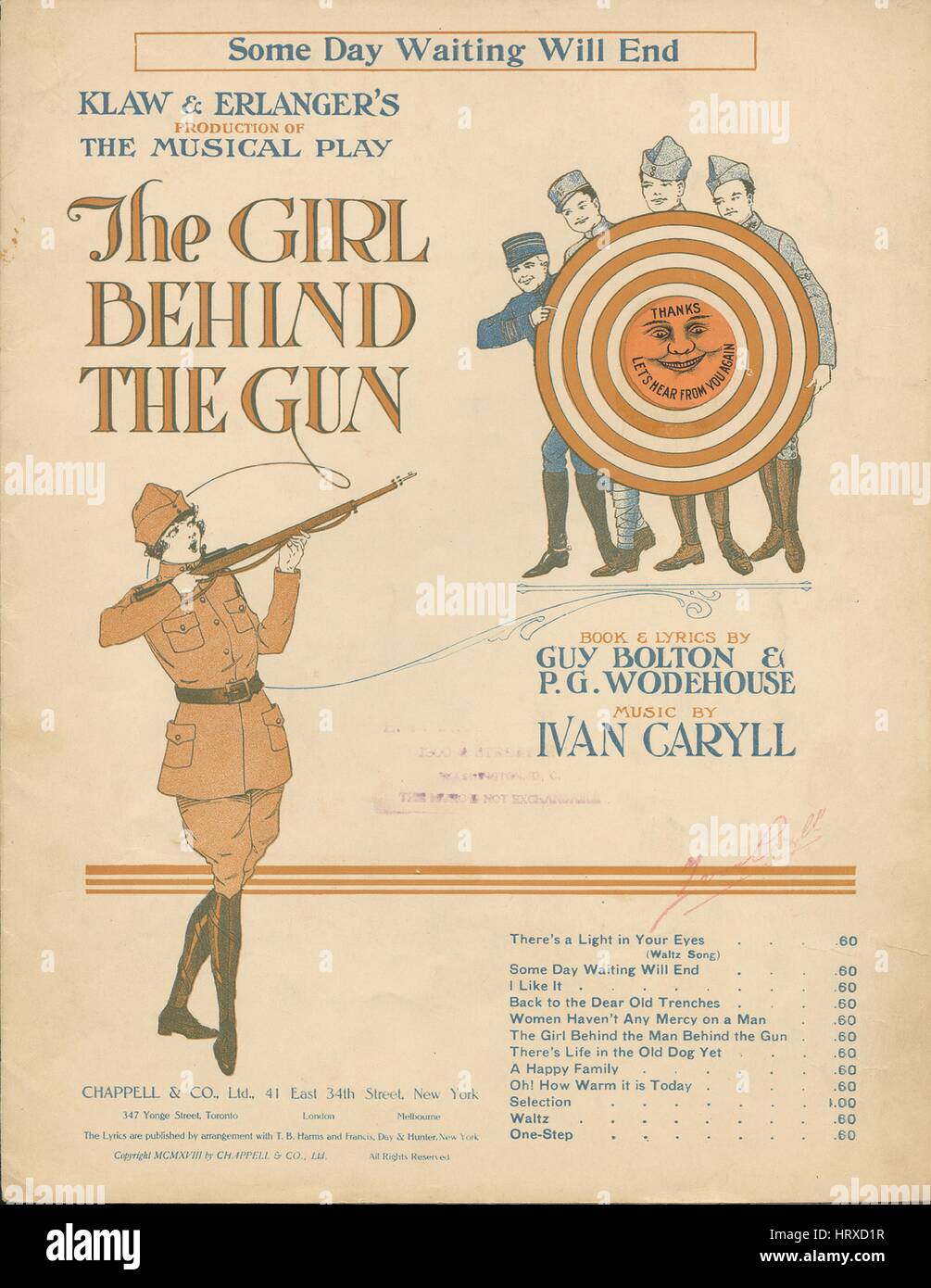 Sheet music cover image of the song 'Some Day Waiting Will End', with original authorship notes reading 'Book and Lyrics by Guy Bolton and PG Wodehouse Music by Ivan Caryll', United States, 1918. The publisher is listed as 'Chappell and Co., Ltd., 41 East 34th St.', the form of composition is 'strophic with chorus', the instrumentation is 'piano and voice', the first line reads 'Tho' weary and dreary life seems today, and tho' the man I love is far away', and the illustration artist is listed as 'None'. Stock Photo