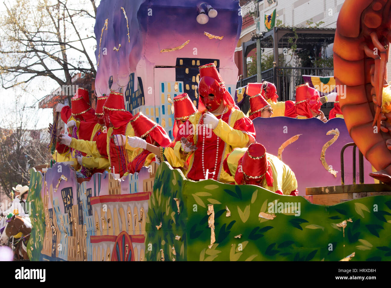 Mardi Gras float parades down St Charles Street in New Orleans. Stock Photo